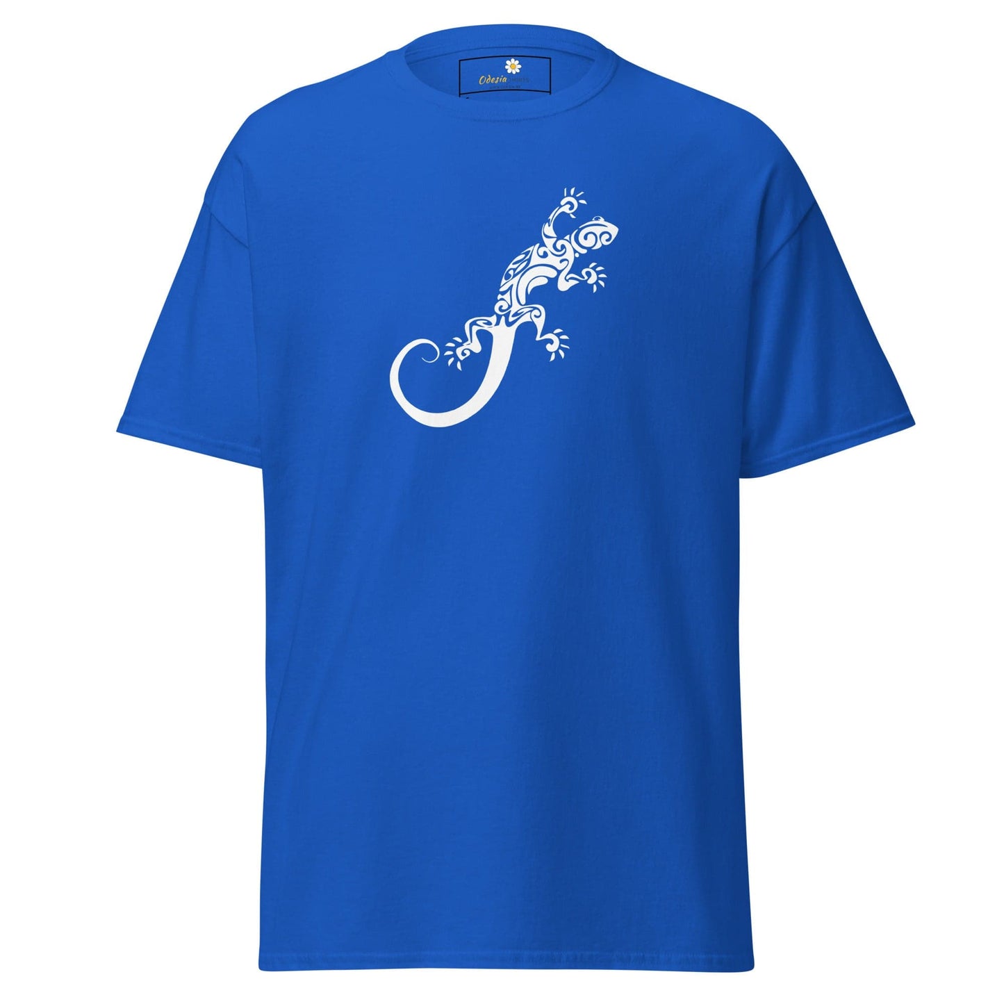 Blue T-shirt with a white lizard design for Men and Women available in sizes S to XL