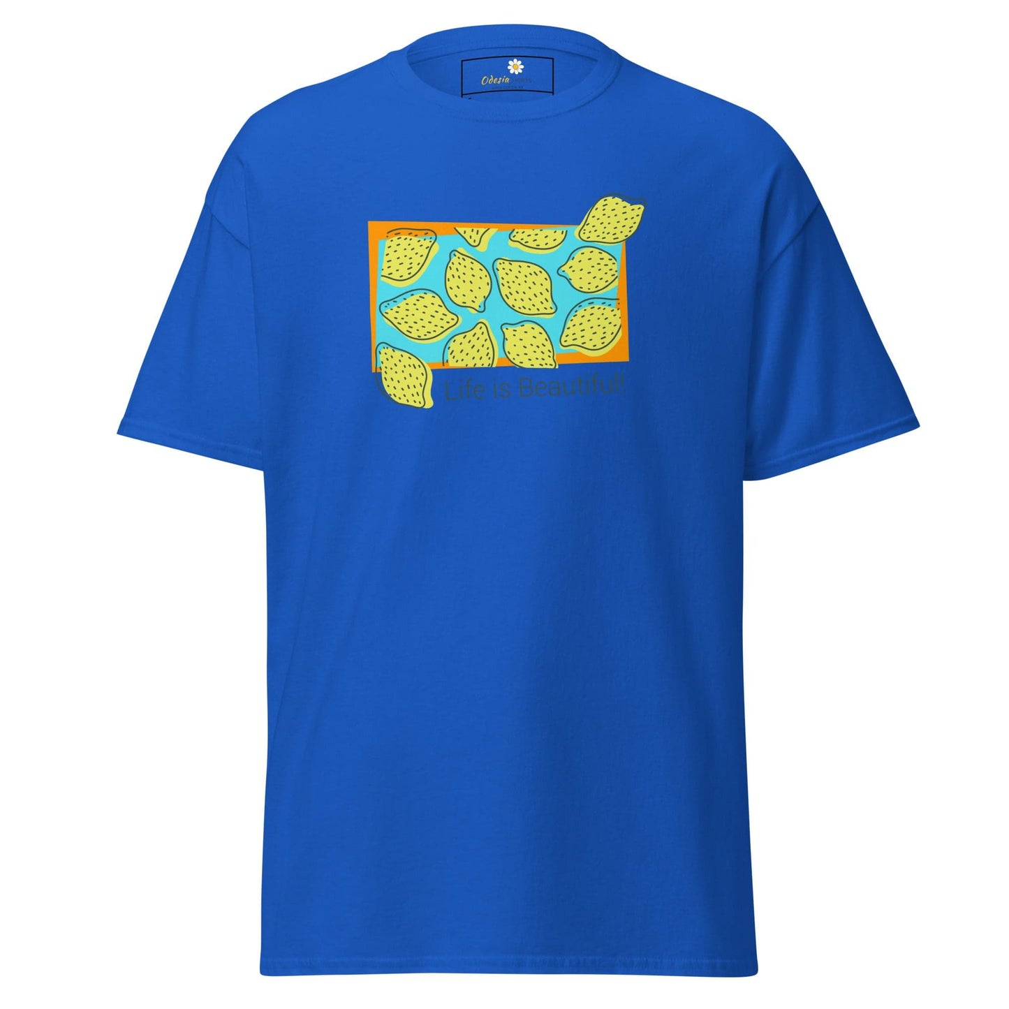 Blue T-shirt with lemon graphic from T-SHIRT DESIGN TEE for Man and Woman in sizes S to XL