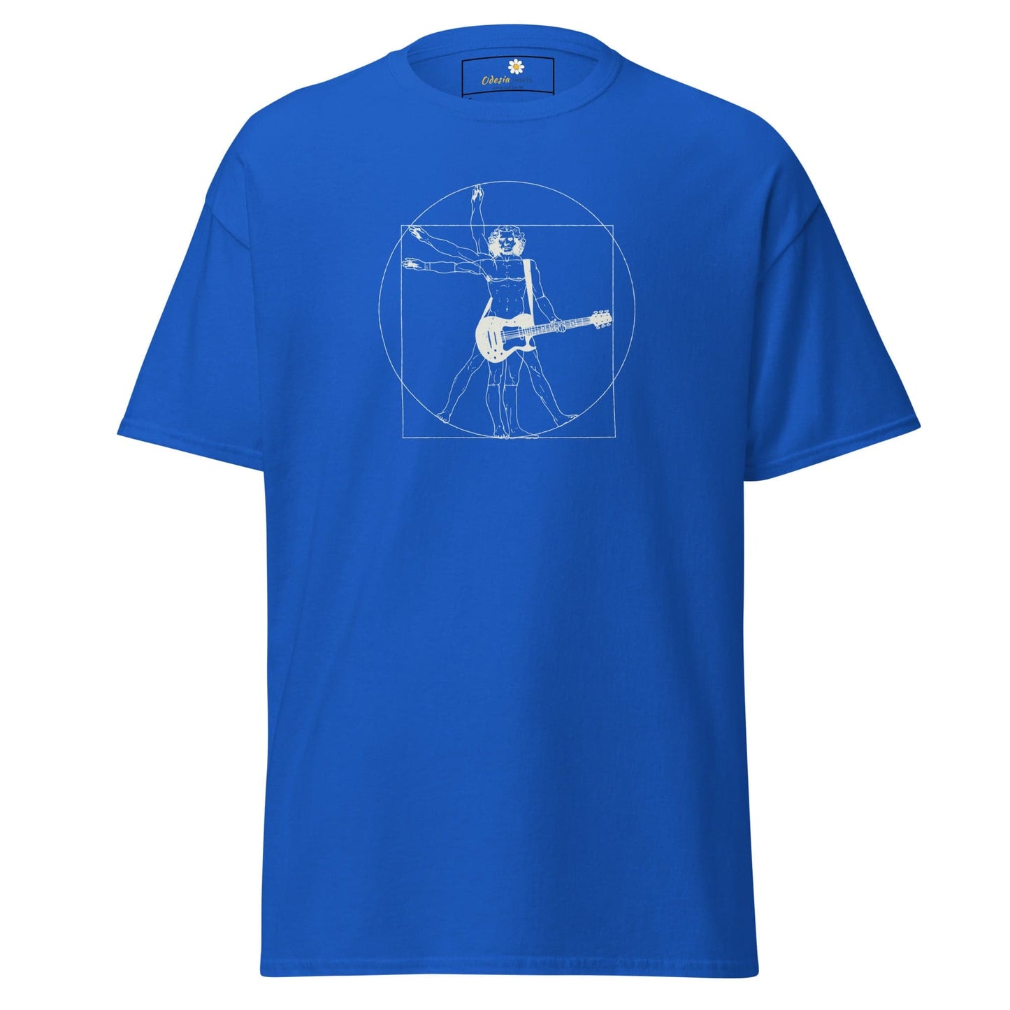 Blue T-shirt featuring Vitruvian Man guitarist design for men and women