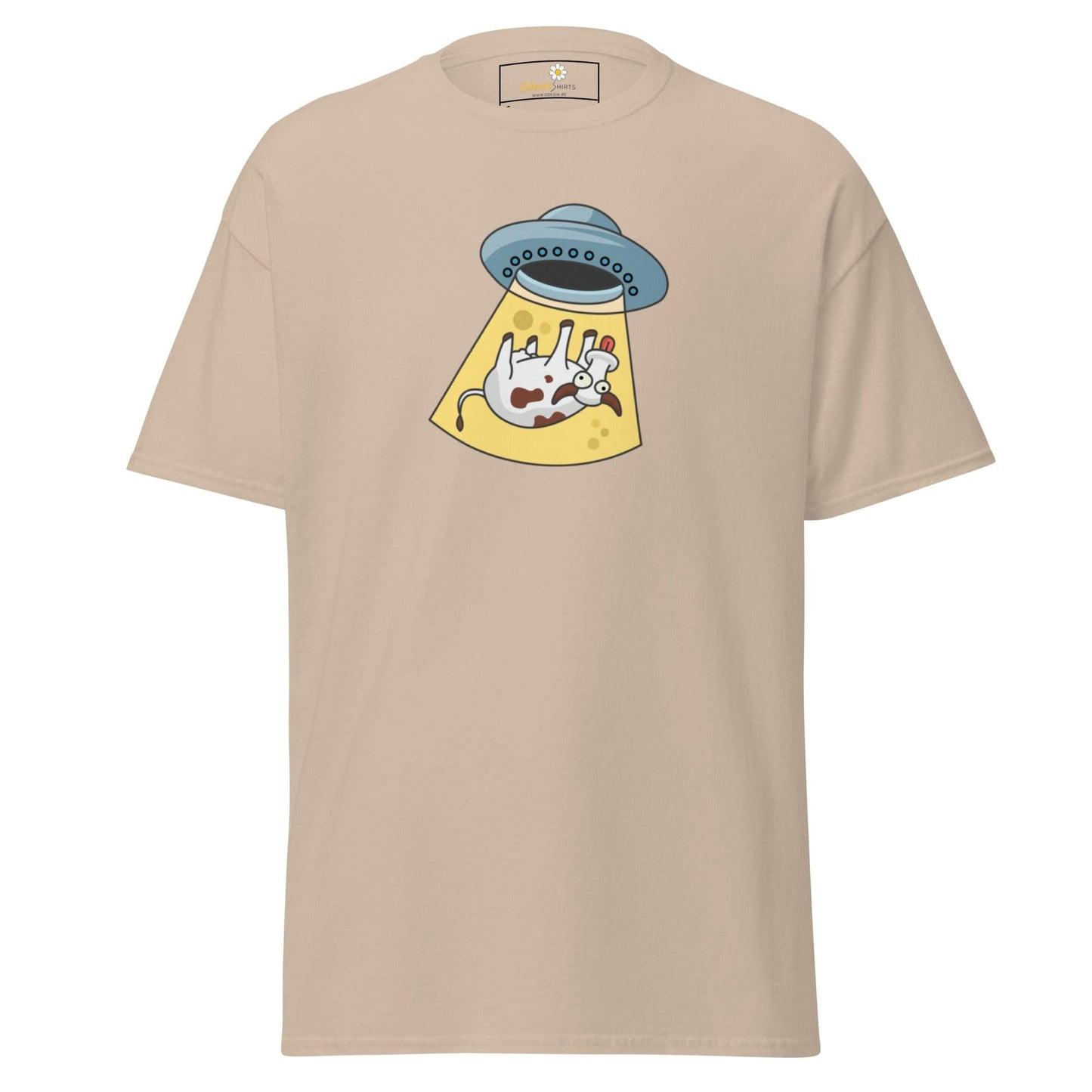 Beige T-shirt with cartoon cow abduction graphic, suitable for men and women sizes S to XL