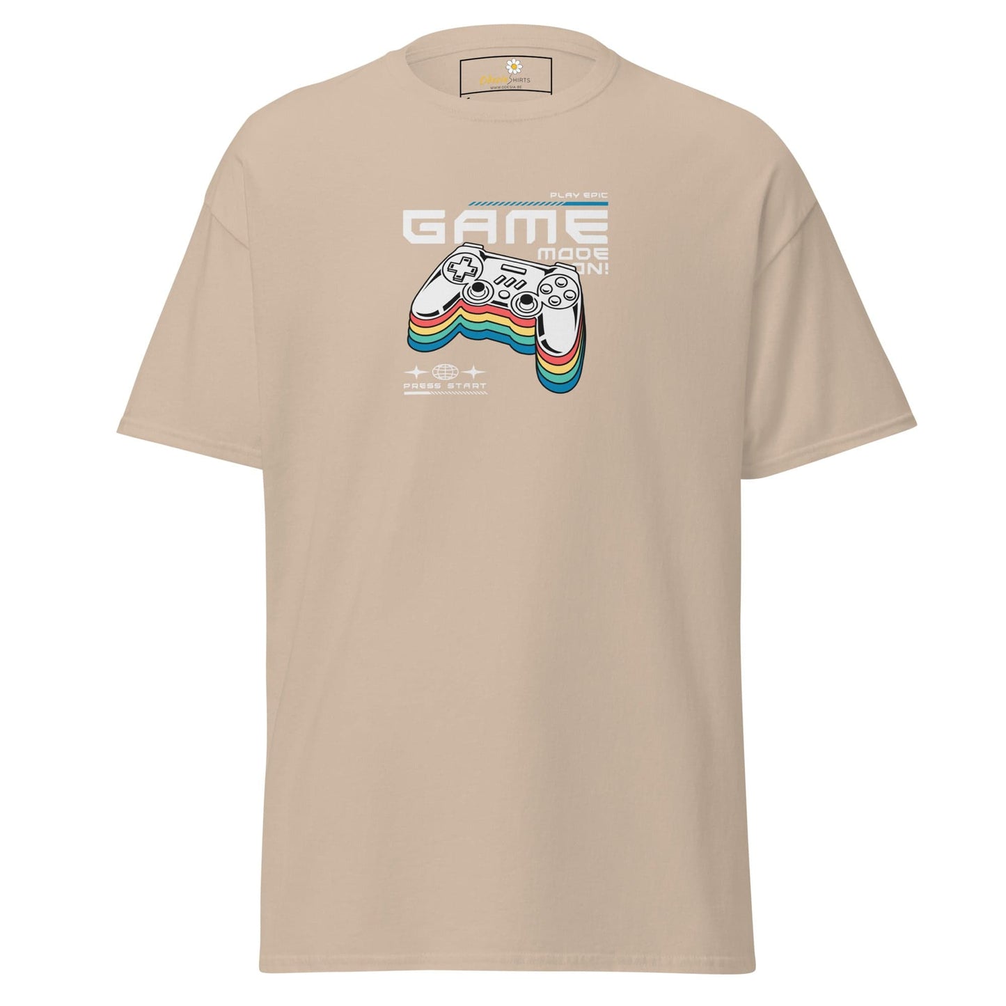 Beige T-shirt with game controller graphic for men and women in S to XL sizes