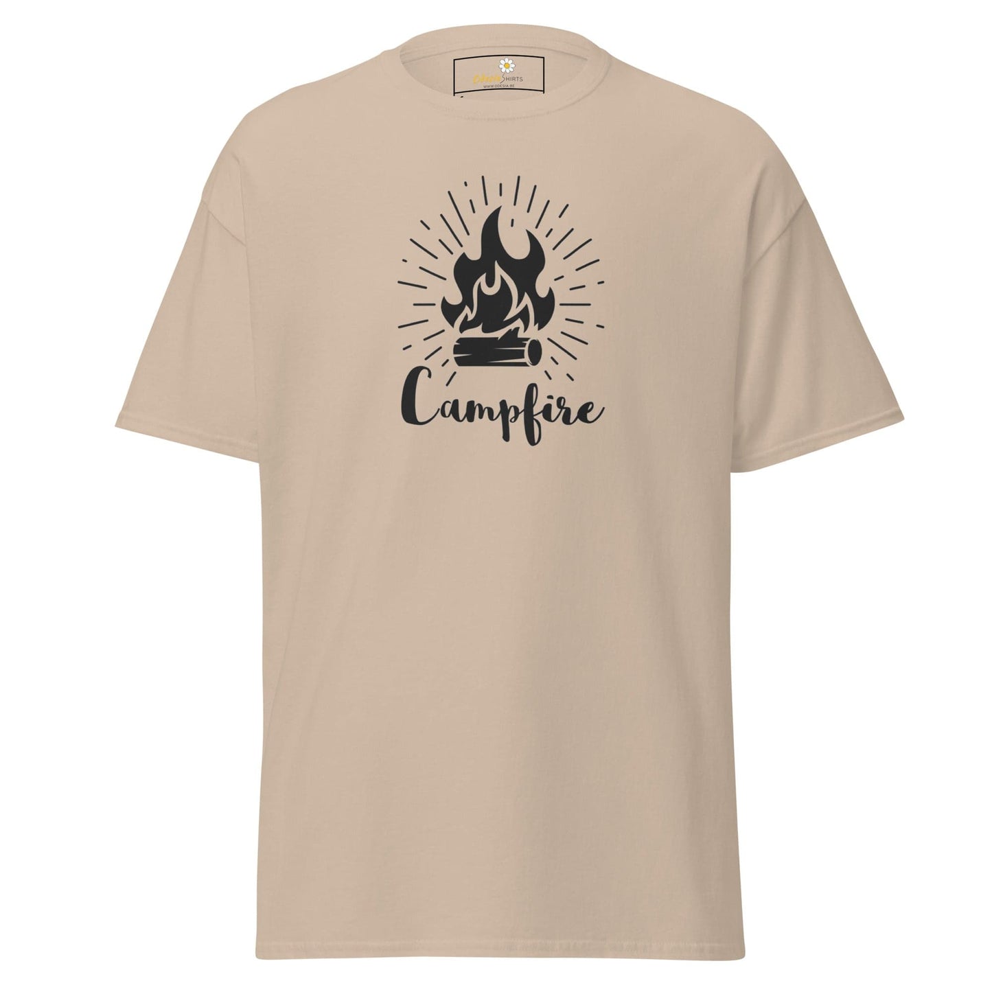 Beige T-shirt with campfire graphic, suitable for men and women, available in sizes S to XL