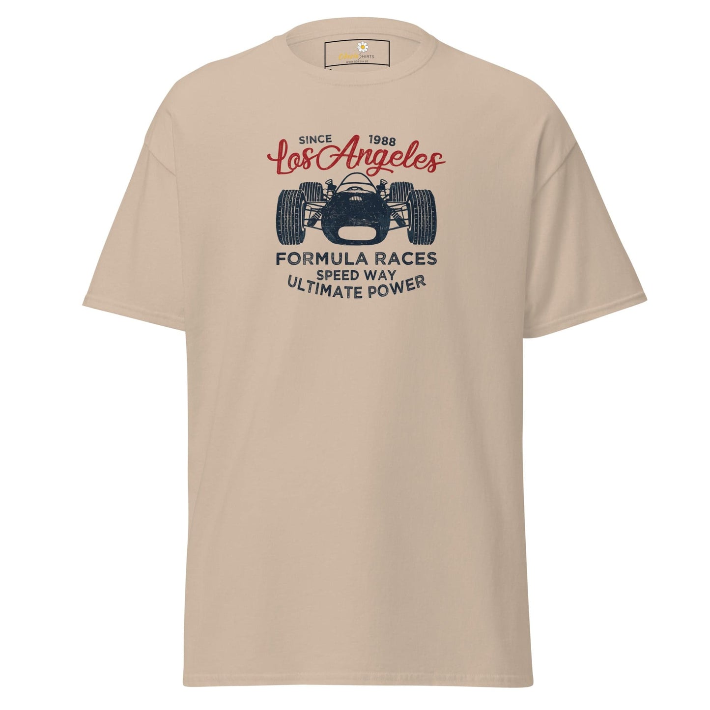 Beige T-shirt with race car graphic for men and women in size S to XL
