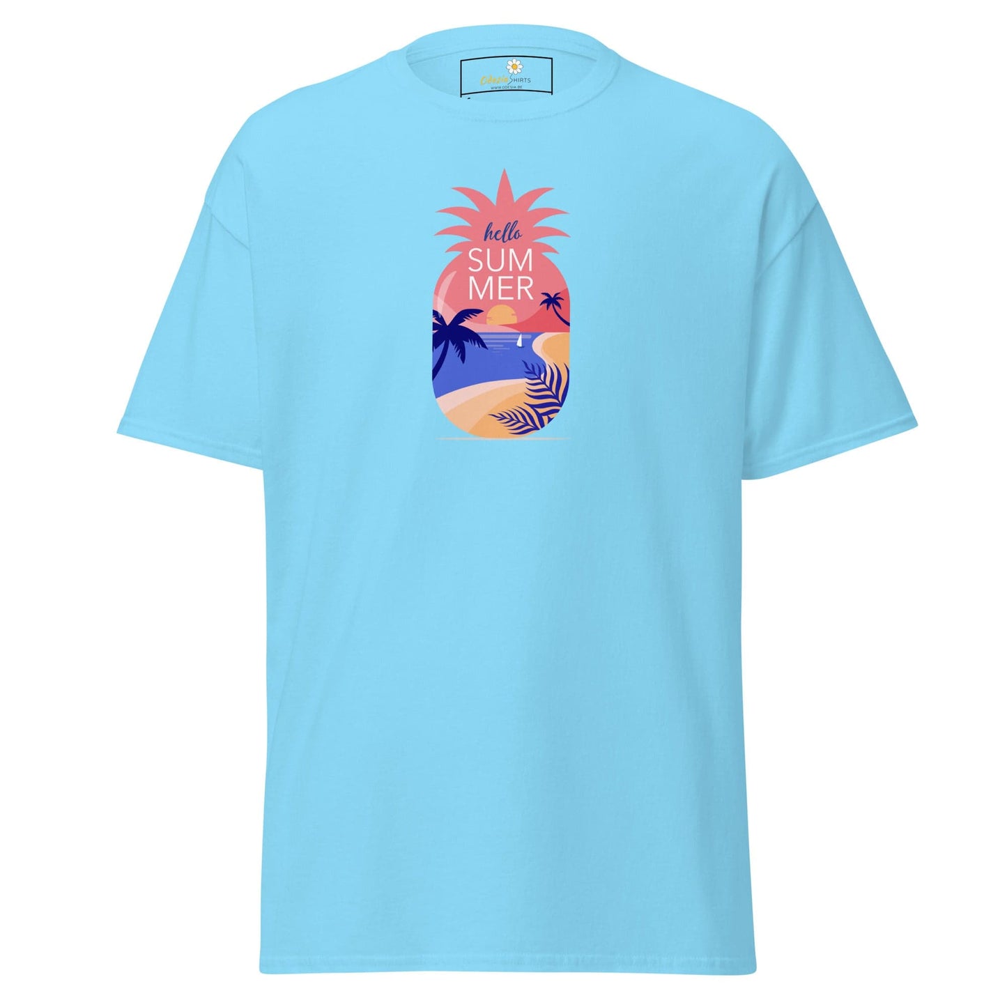 Light blue T-shirt with pineapple summer design for men and women in size S to XL