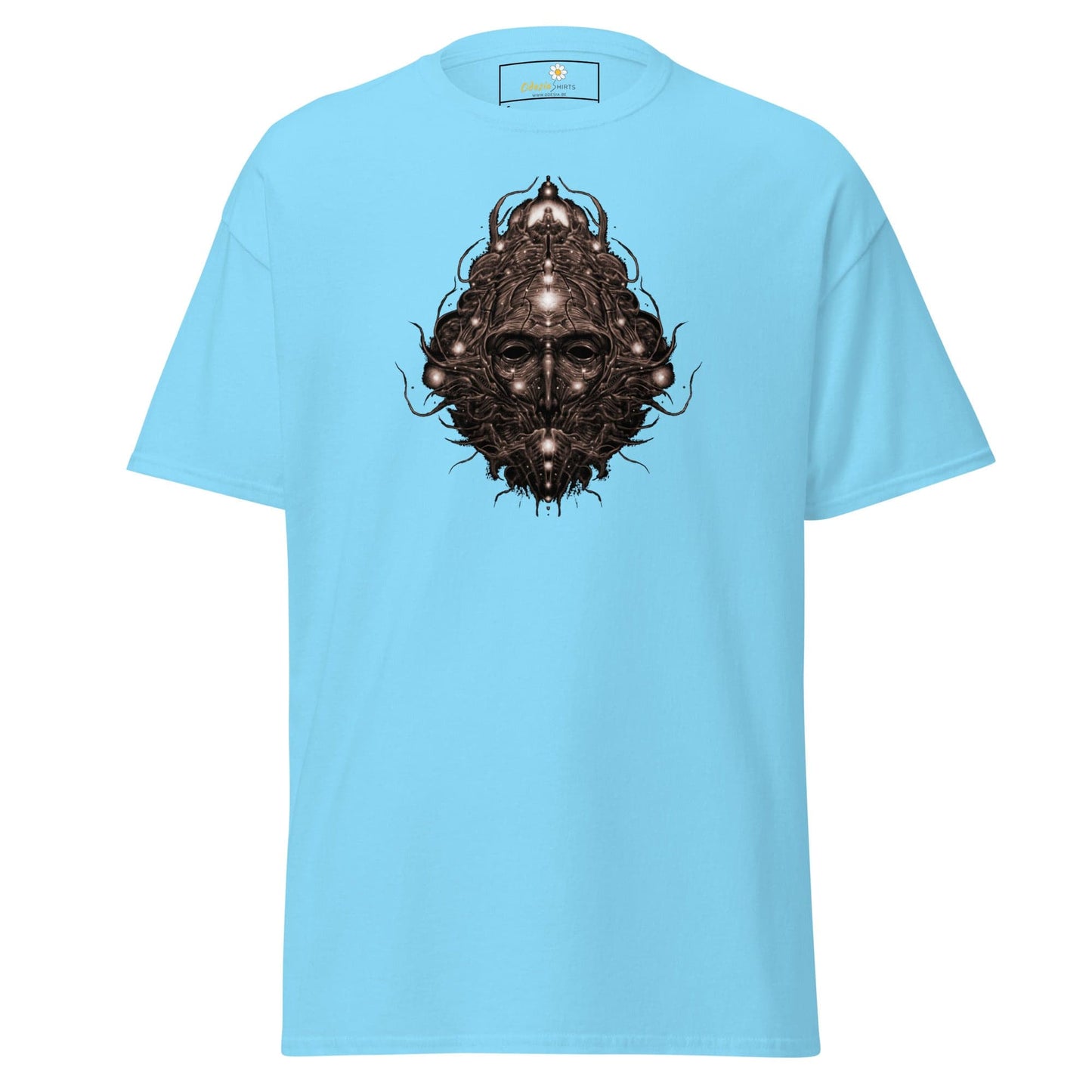 Light blue T-shirt with a dark face design, suitable for men and women, available in sizes S to XL