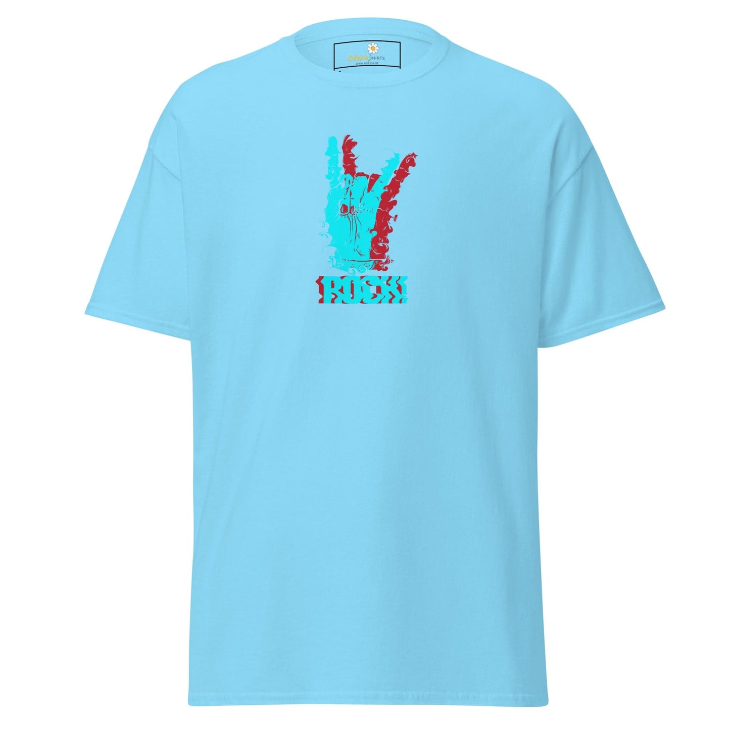 Light blue t-shirt with graphic design for men and women sizes S to XL