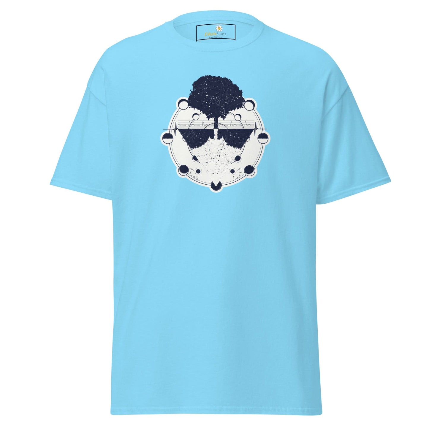 Light blue T-shirt featuring tree and moon phases graphic for men and women