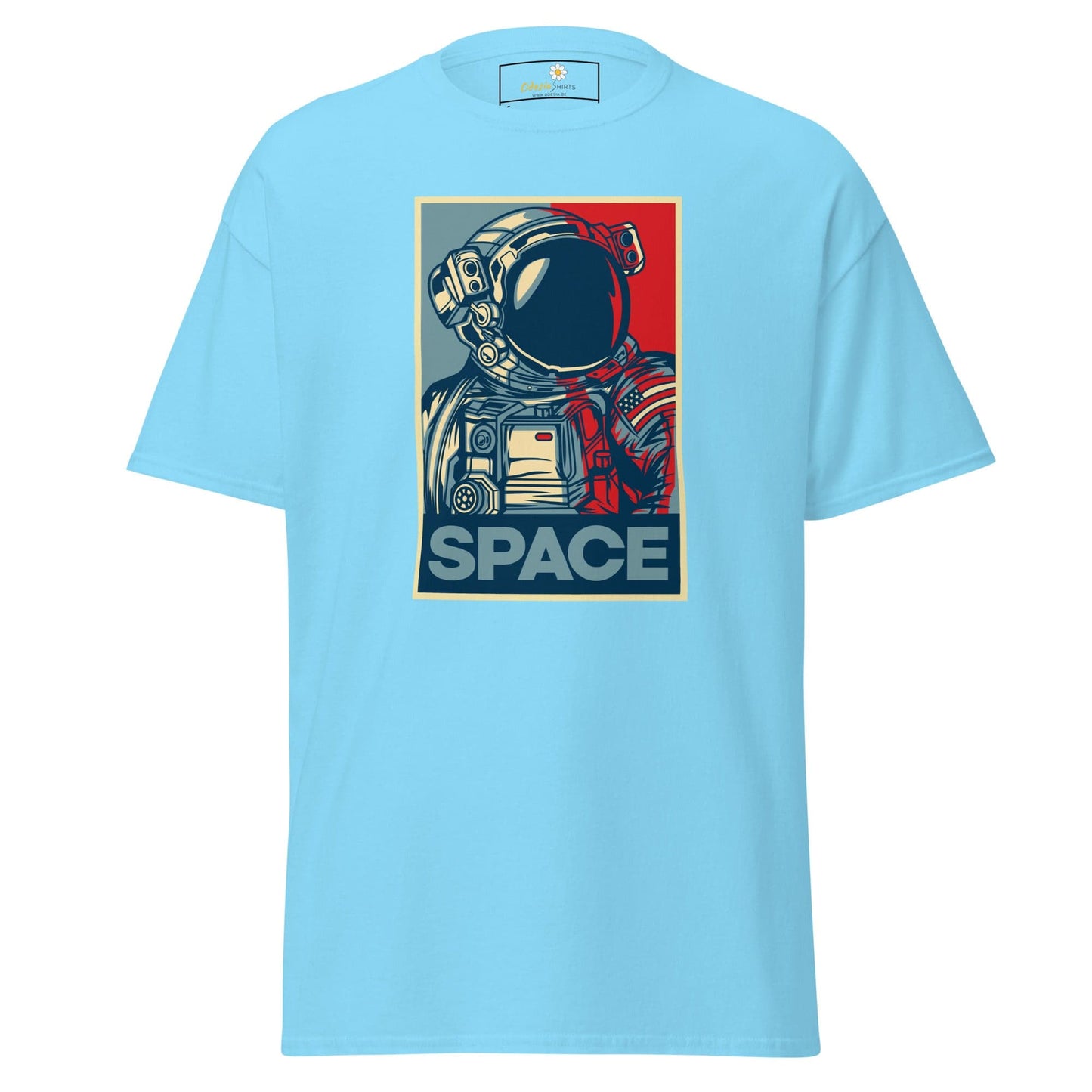 Light blue T-shirt with astronaut graphic available in S to XL for men and women