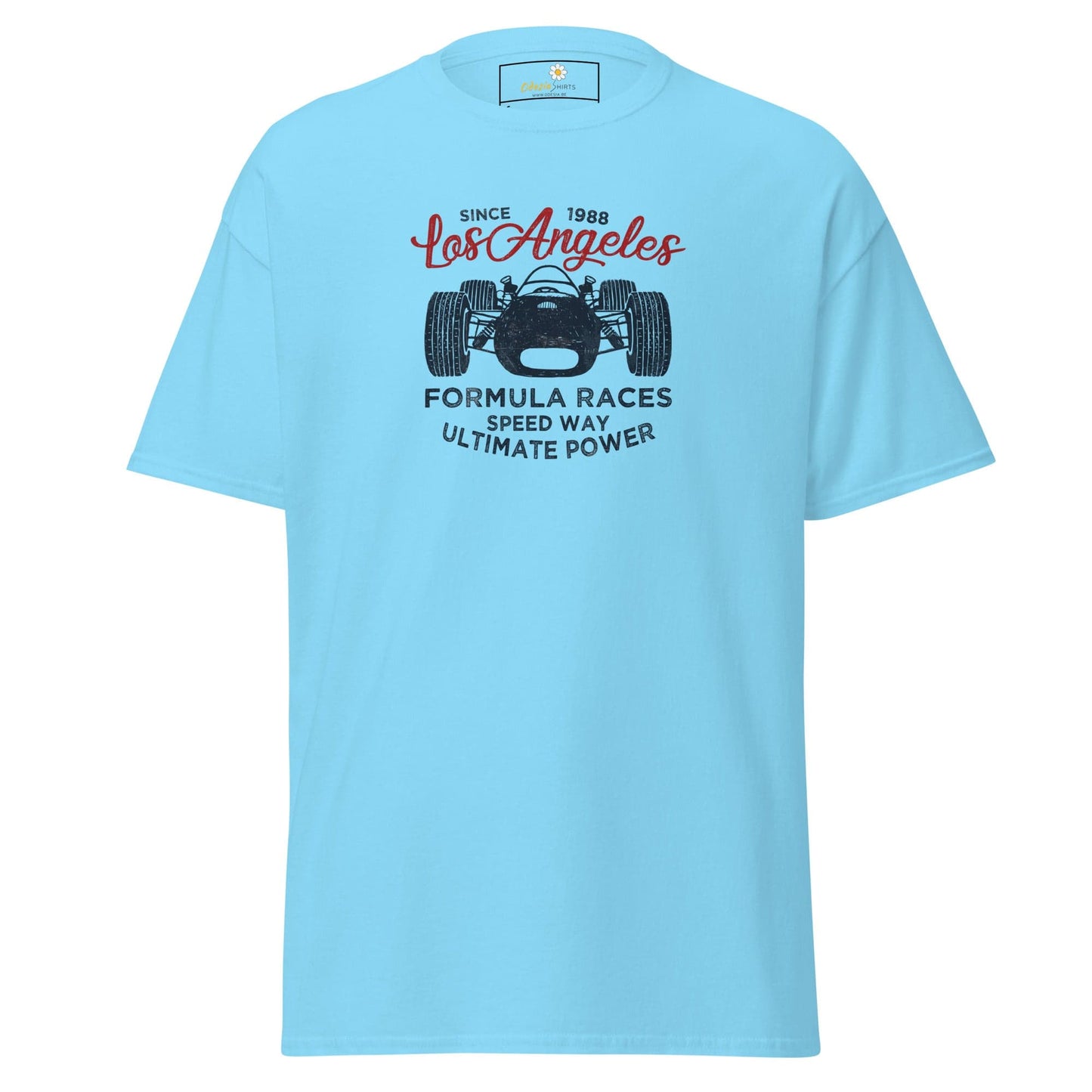 Light blue T-shirt with race car graphic, designed for men and women, available in S to XL