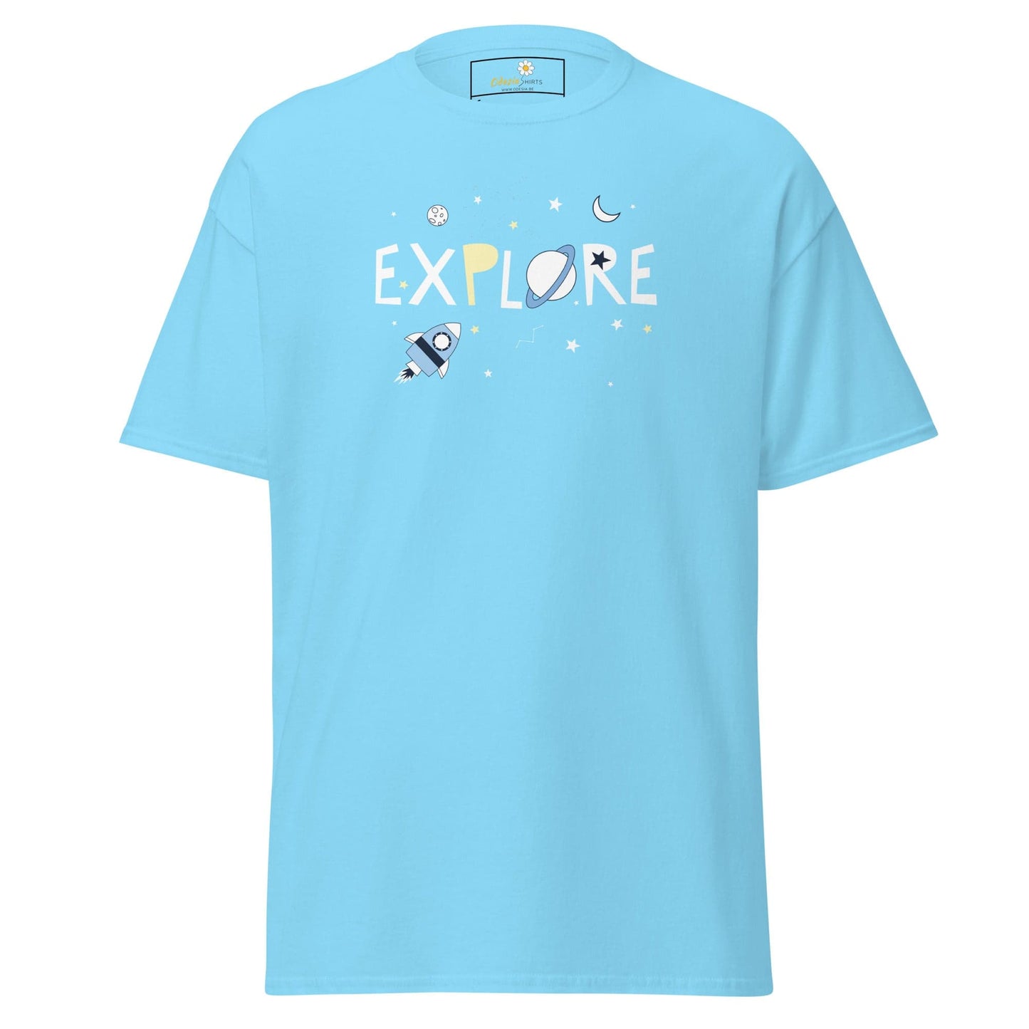 Light blue T-shirt with space-themed graphic for men and women available in sizes S to XL