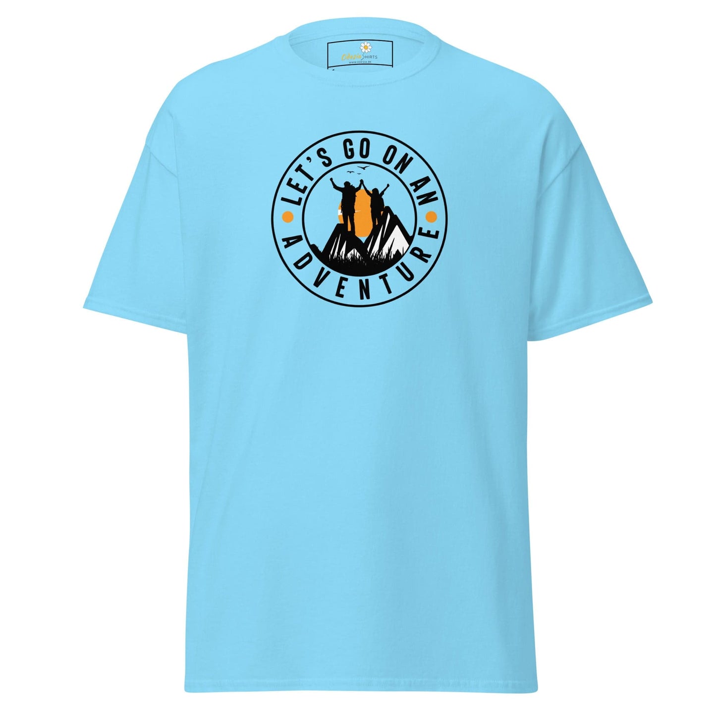 Light blue T-shirt with adventure graphic for Men and Women in sizes S to XL