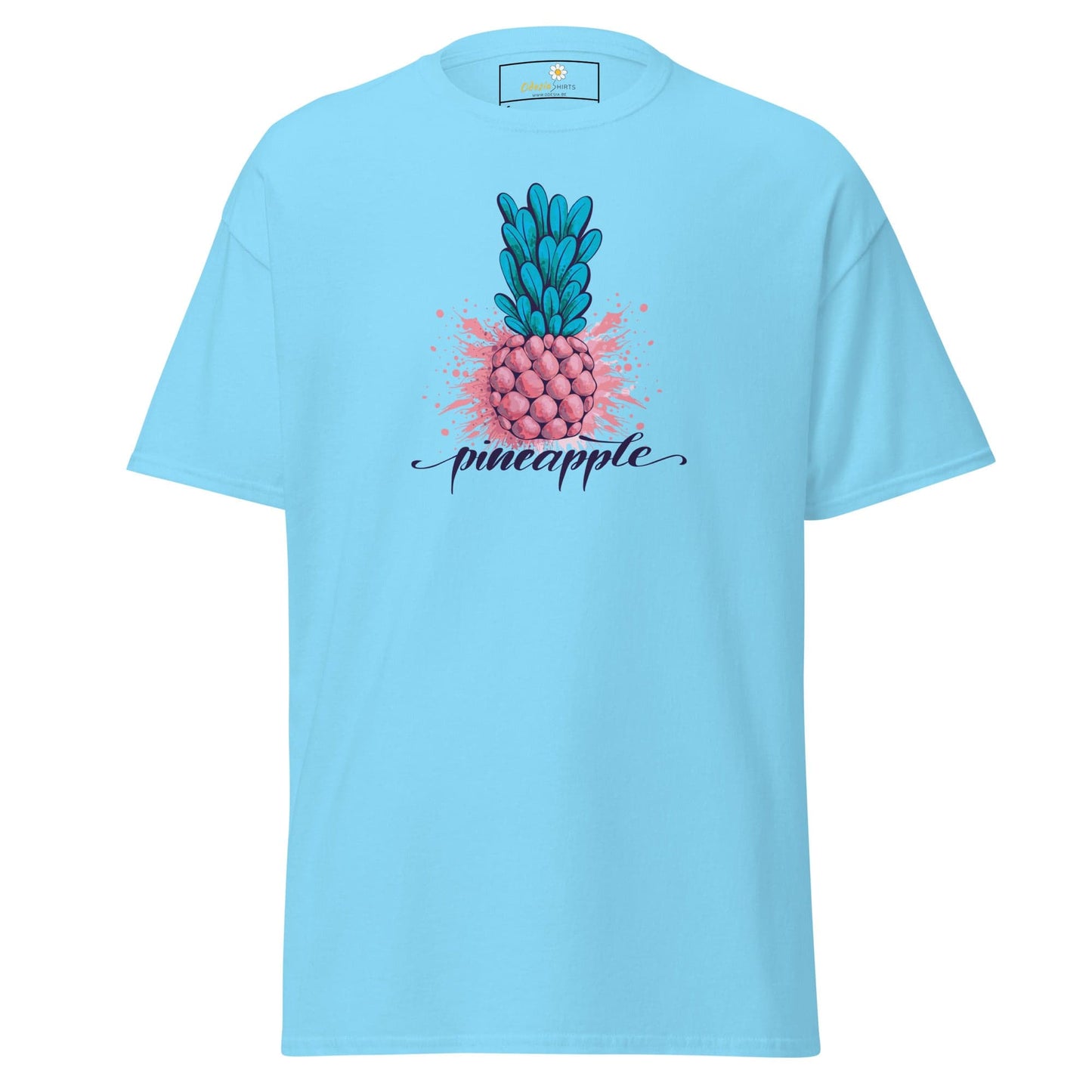 Light blue T-shirt with a pineapple design, suitable for men and women sizes S to XL