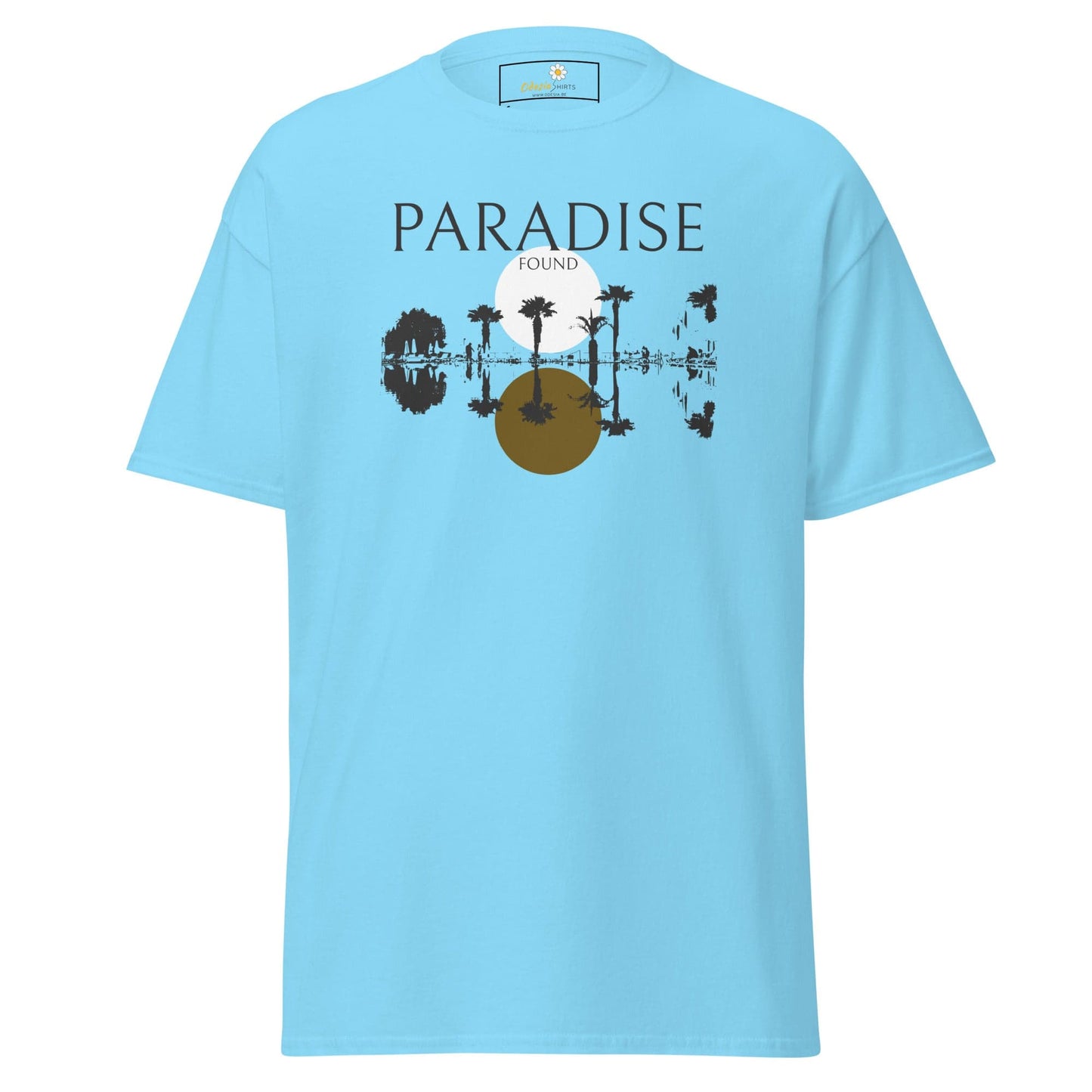 Light blue T-shirt with tropical graphic for men and women in sizes S to XL