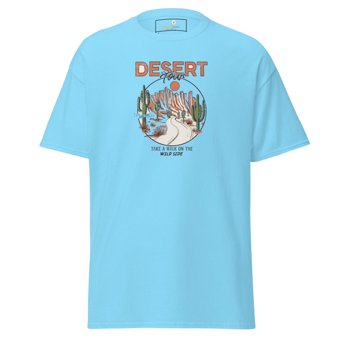 Light blue T-shirt with desert graphic suitable for men and women in sizes S to XL