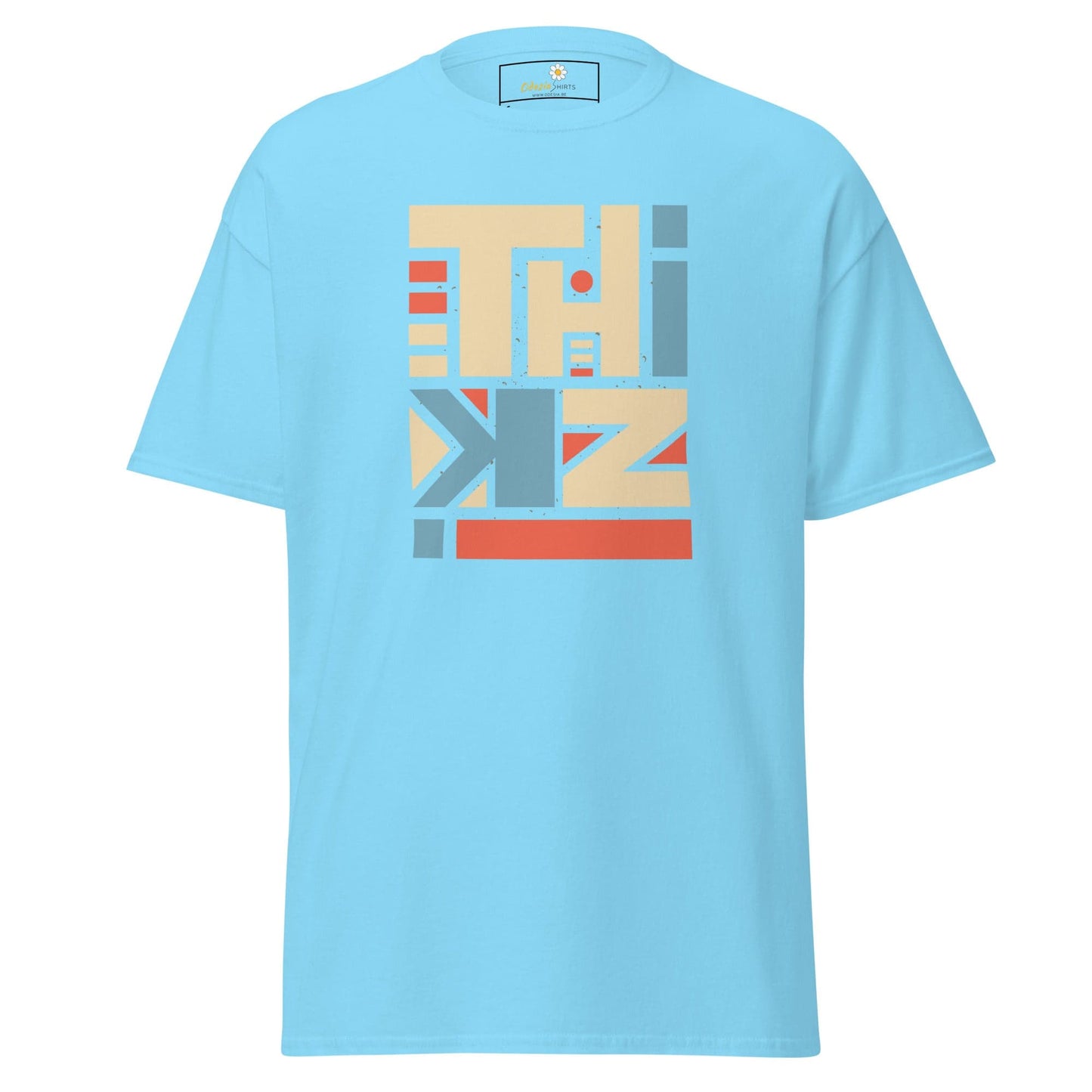 Light blue T-shirt with geometric design for men and women, available in sizes S to XL