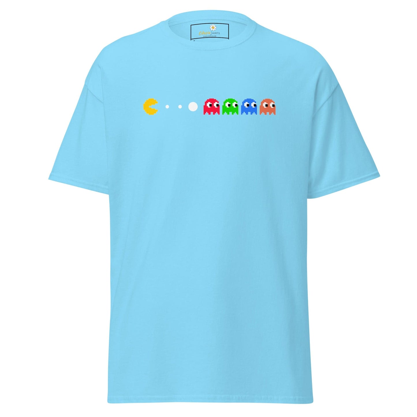 Light blue Pac-Man T-shirt displayed in T-SHIRT DESIGN TEE MAN WOMAN S-XL