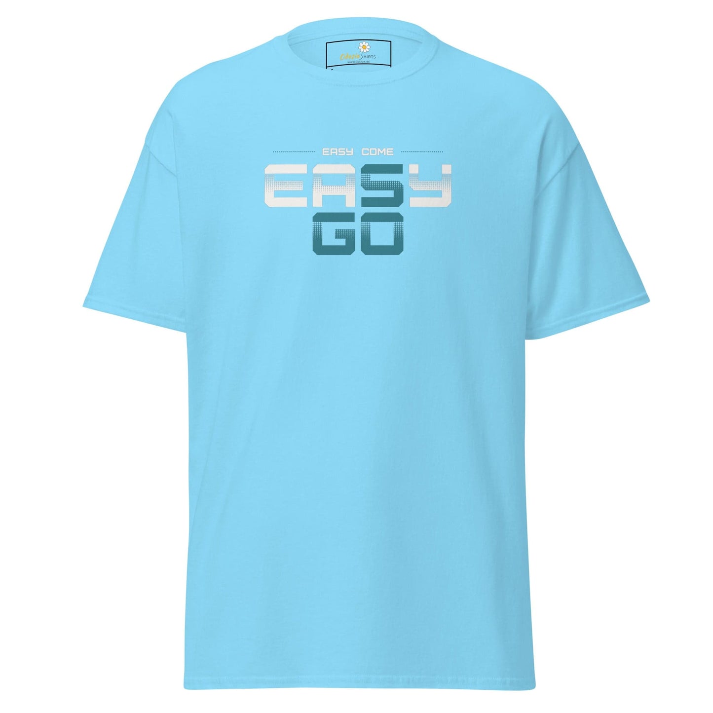 Light blue T-shirt with Easy Go text displayed in the T-Shirt Design Tee product for men and women