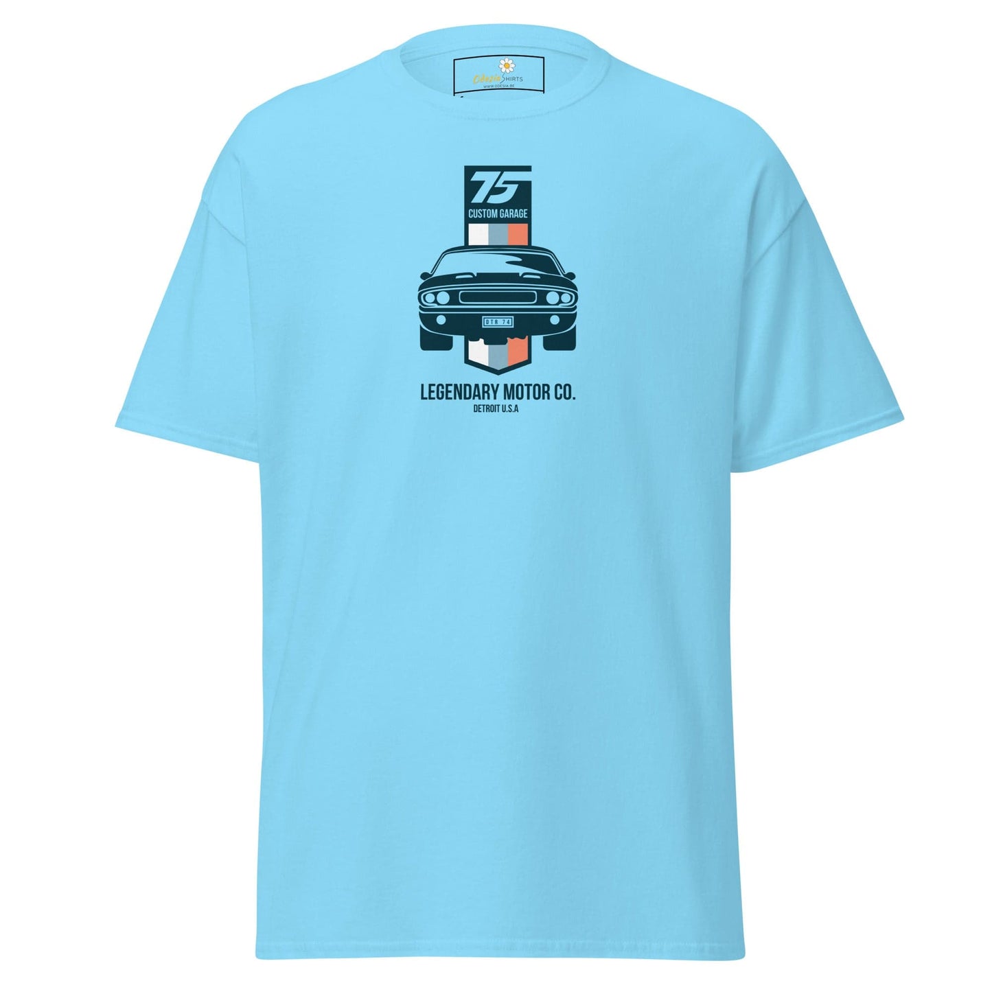 Light blue T-shirt featuring a car graphic for men and women in sizes S to XL