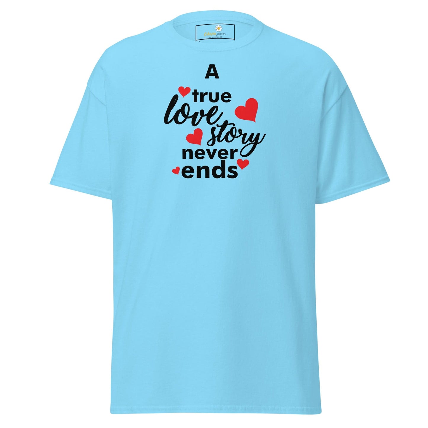 Light blue T-shirt with love story graphic from T-SHIRT DESIGN TEE for Men and Women
