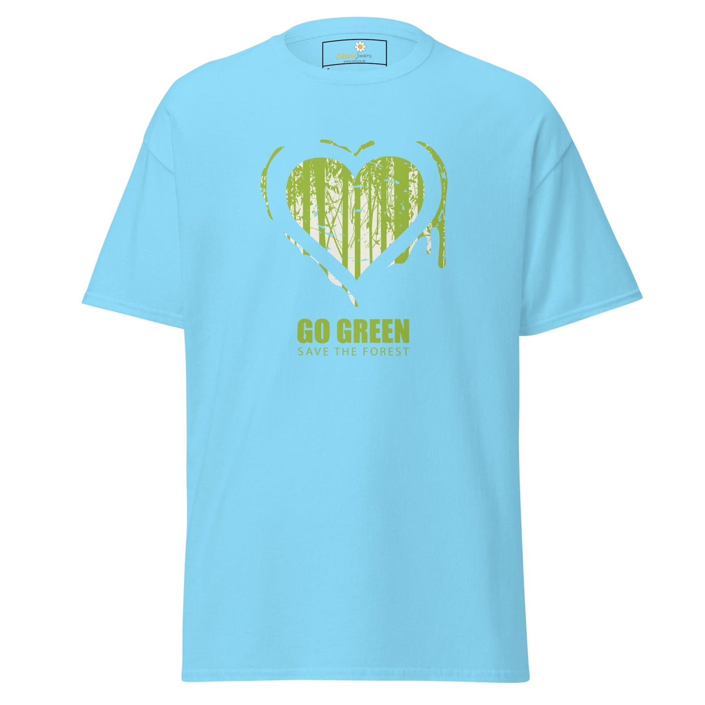 Light blue T-shirt with a green heart and tree design for men and women sizes S to XL
