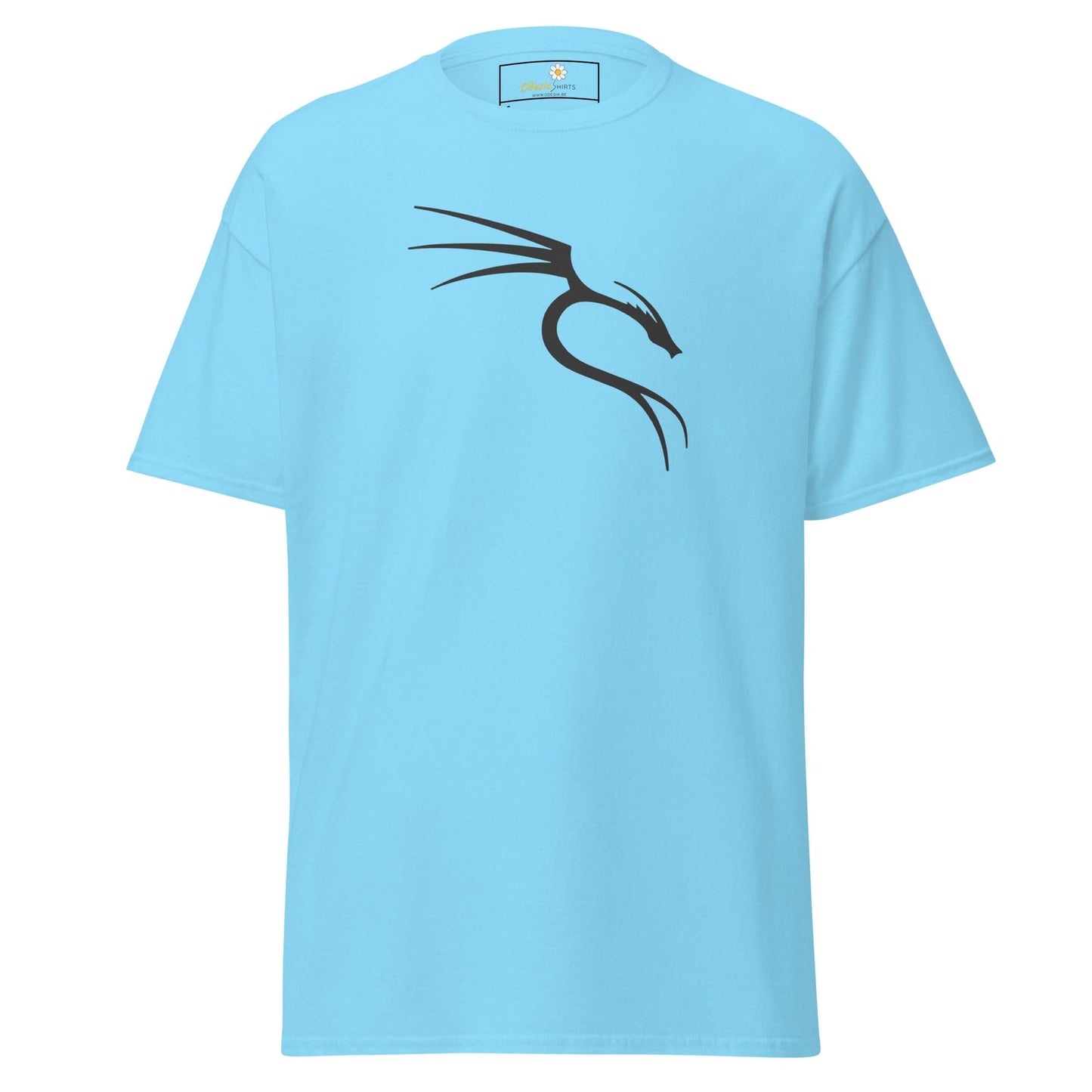Light blue T-shirt with black dragon logo for men and women, sizes S to XL