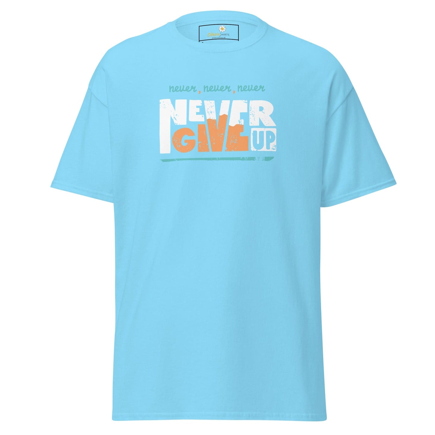 Light blue T-shirt with Never Give Up graphic from T-SHIRT DESIGN TEE for Men and Women
