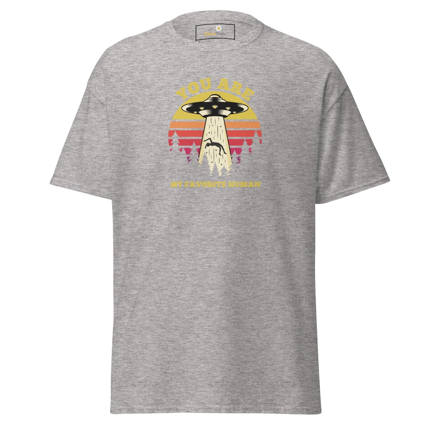 Gray T-shirt with alien abduction graphic suitable for men and women in S to XL sizes