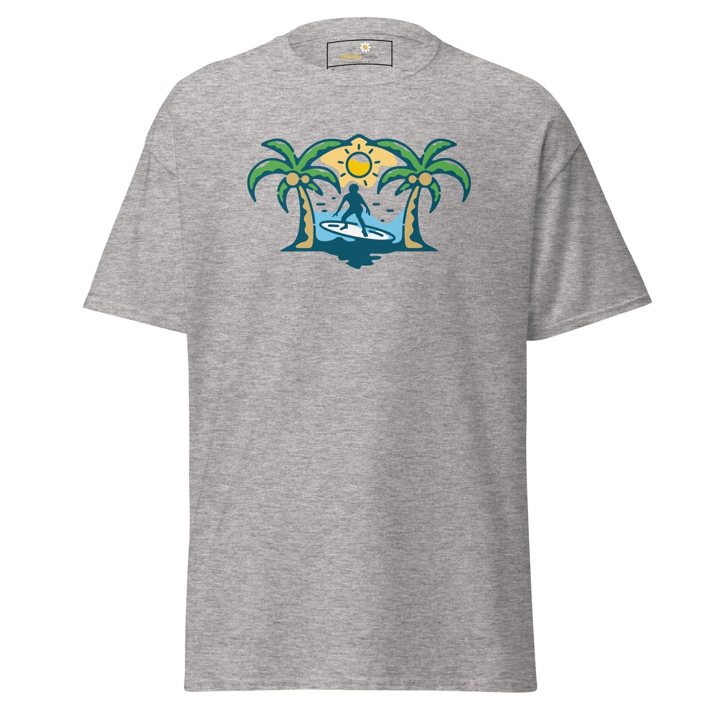 Gray T-shirt with a surfer graphic, suitable for men and women, available in S to XL sizes