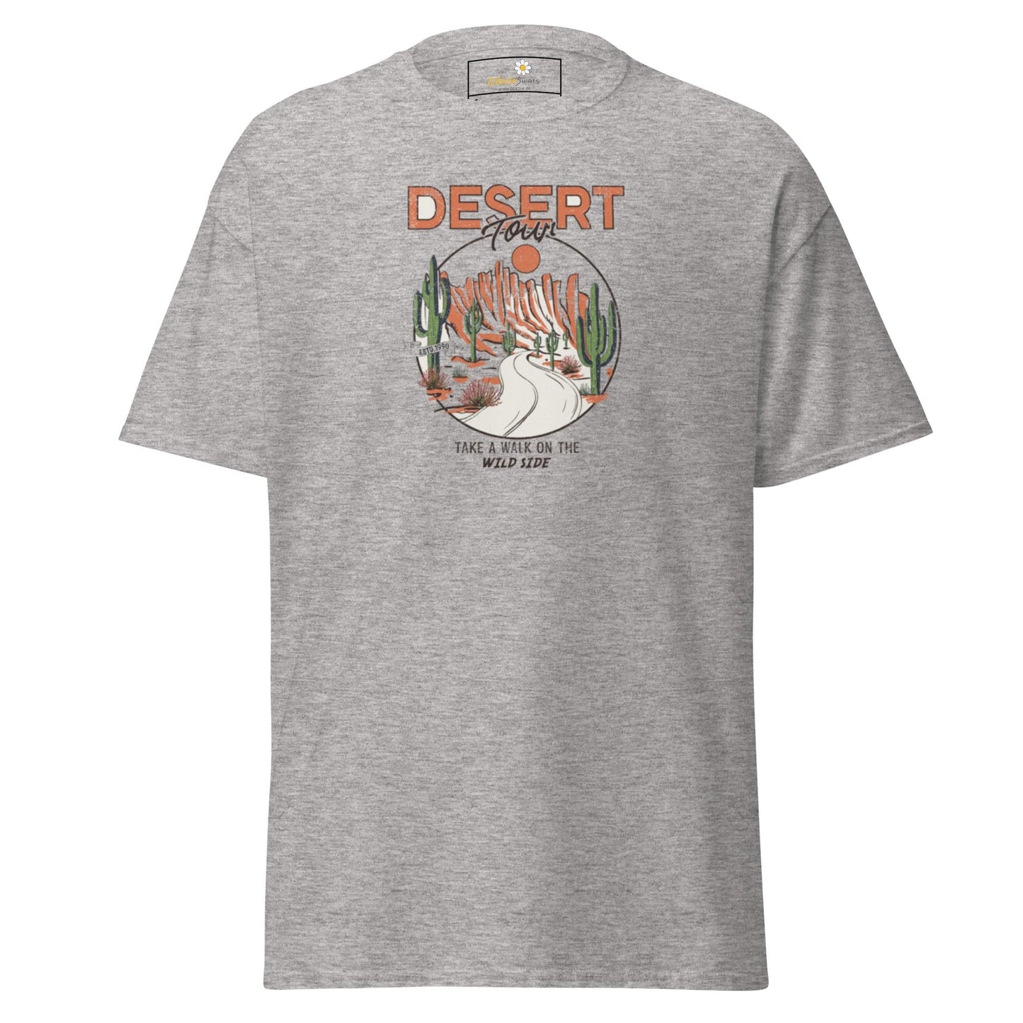 Gray T-shirt with desert graphic for men and women in sizes S to XL