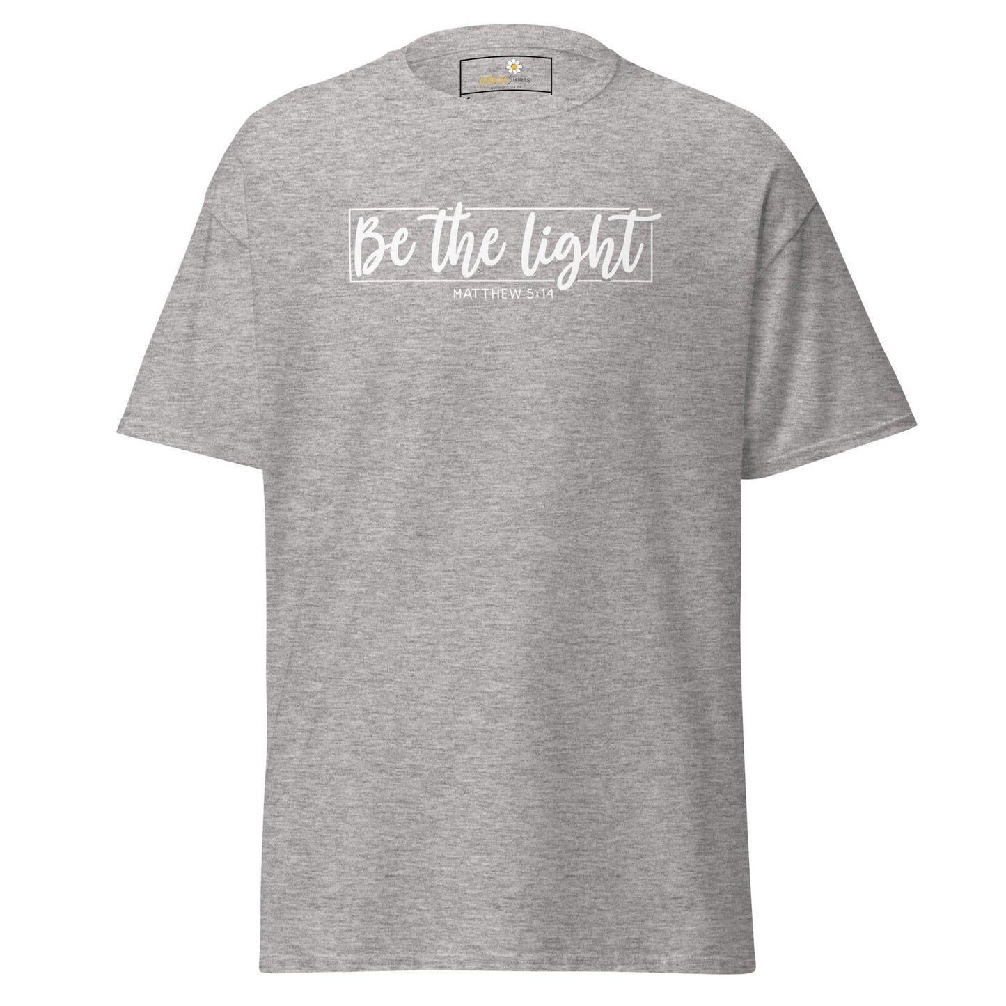 Gray t-shirt featuring Be the Light graphic from T-Shirt Design Tee for men and women