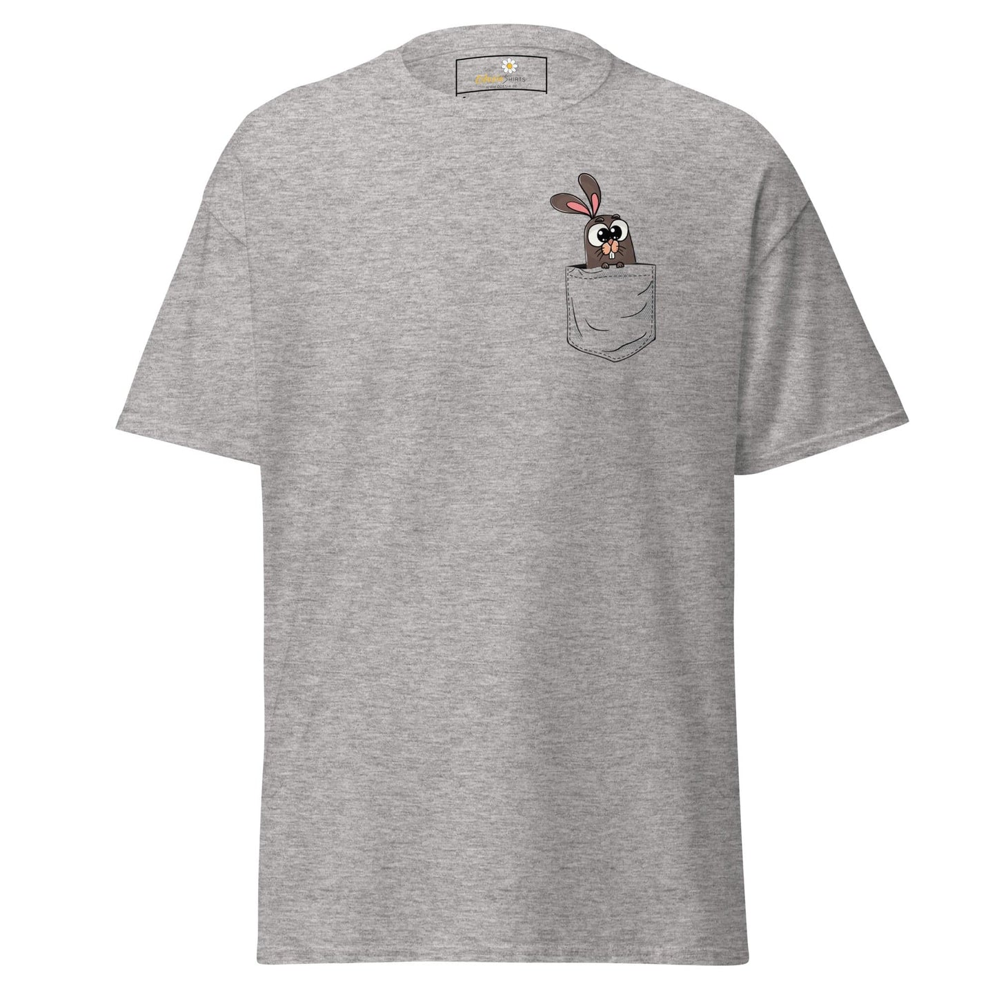 Gray T-shirt with cartoon bunny design in pocket for men and women S to XL