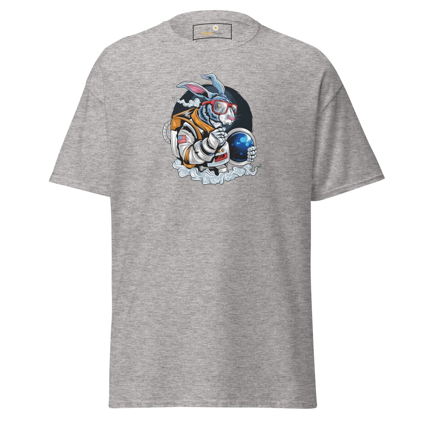 Gray T-shirt featuring an astronaut rabbit graphic for men and women in sizes S to XL