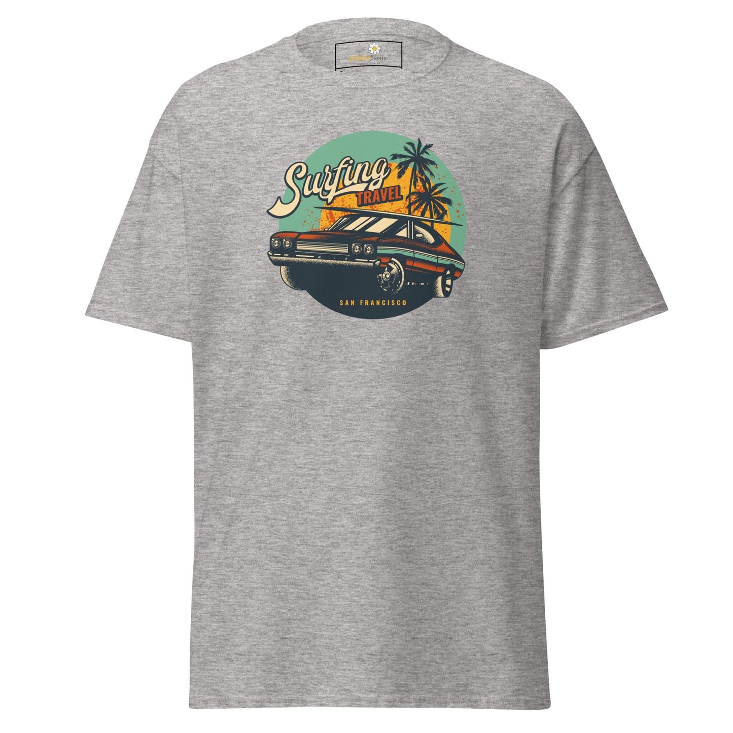 Gray T-shirt with car graphic from T-SHIRT DESIGN TEE for men and women in sizes S to XL