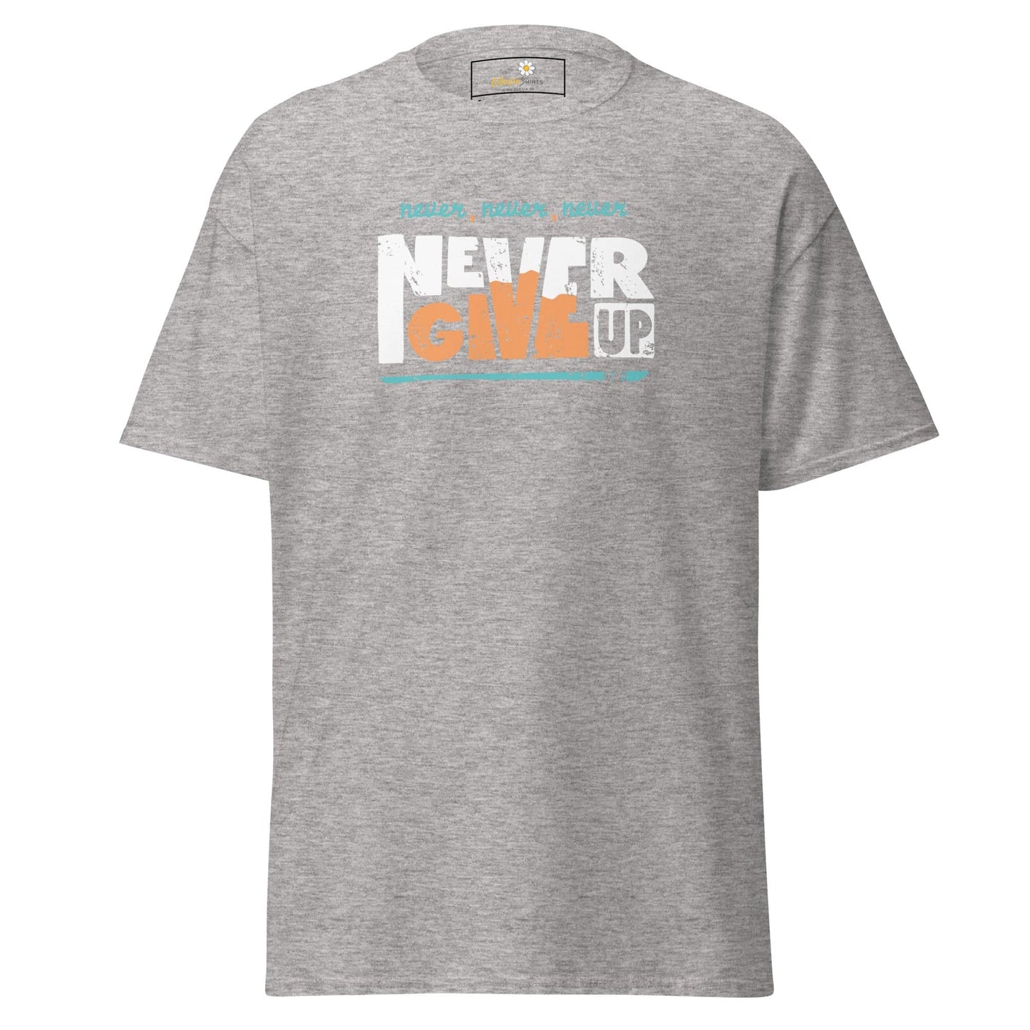 Gray T-shirt with Never Give Up graphic from T-Shirt Design Tee for Men and Women