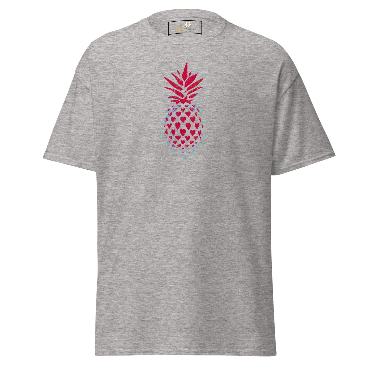 Gray T-shirt featuring a heart-patterned pineapple design for men and women sizes S to XL