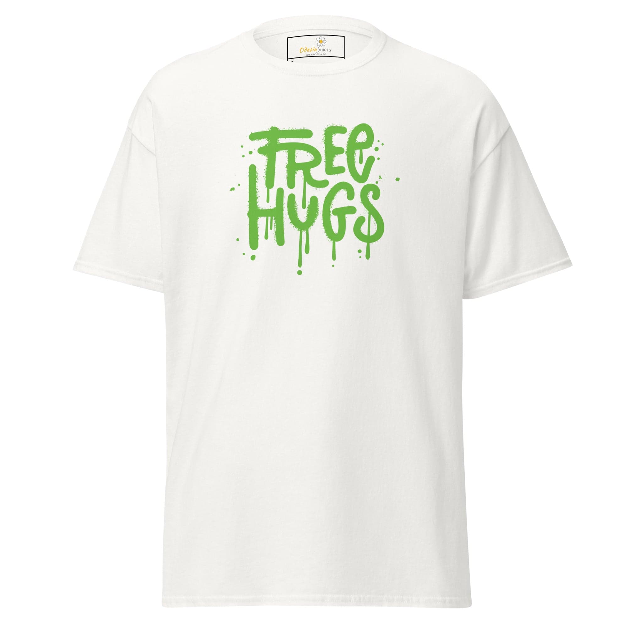 White T-shirt with Free Hugs graphic displayed in T-SHIRT DESIGN TEE for Men and Women