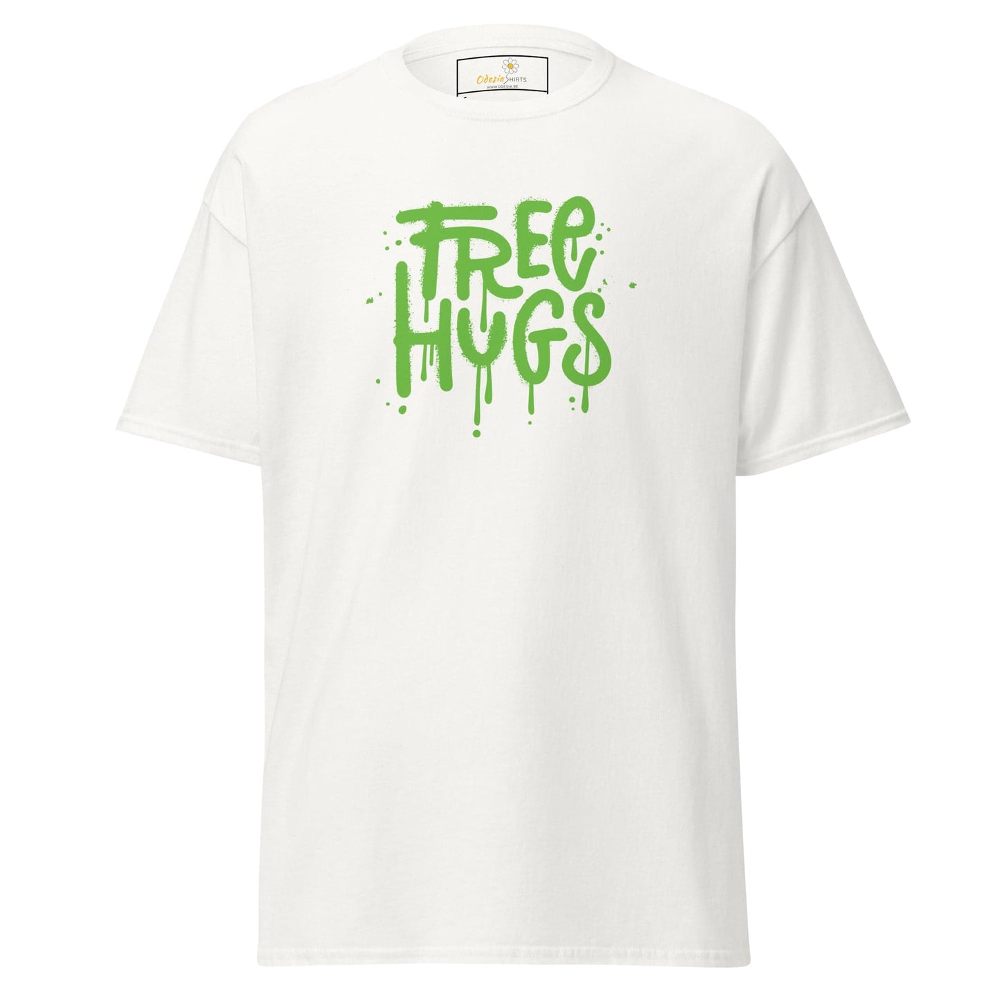 White T-shirt with Free Hugs graphic displayed in T-SHIRT DESIGN TEE for Men and Women