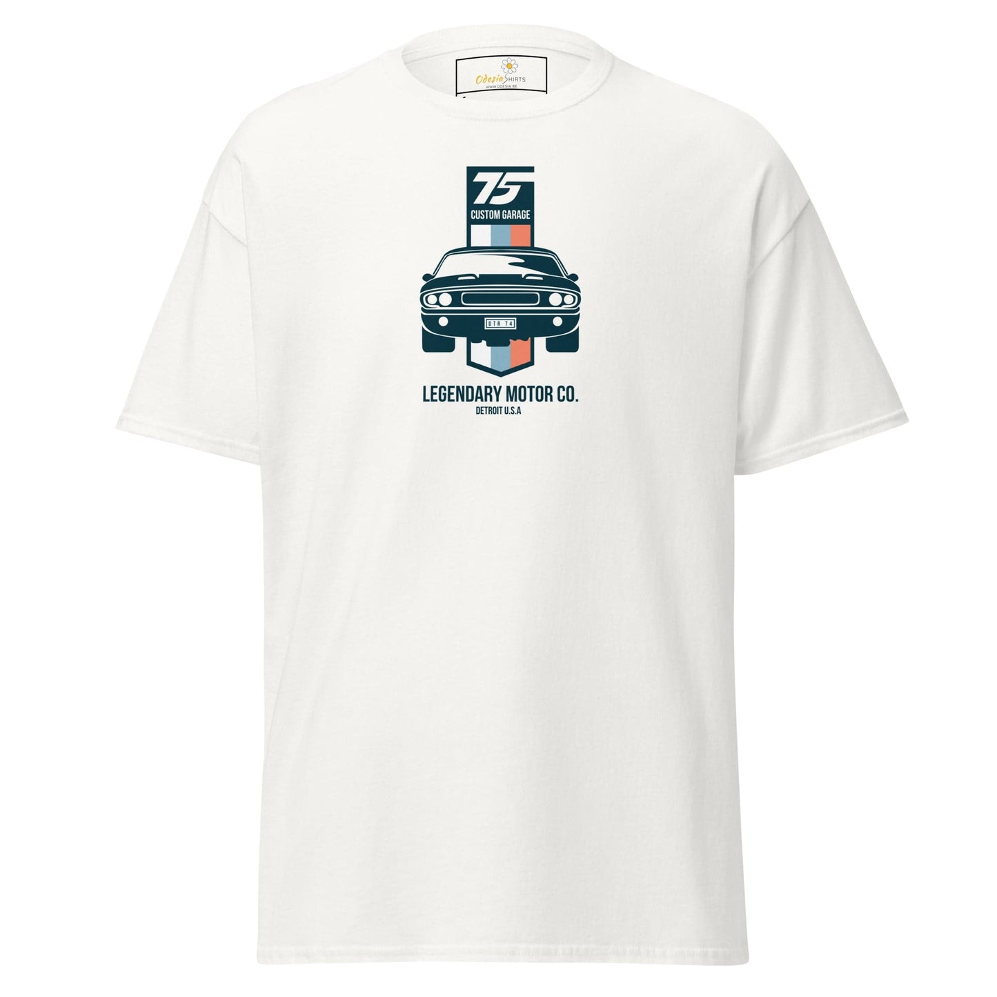 White T-shirt with car graphic for men and women available in sizes S to XL
