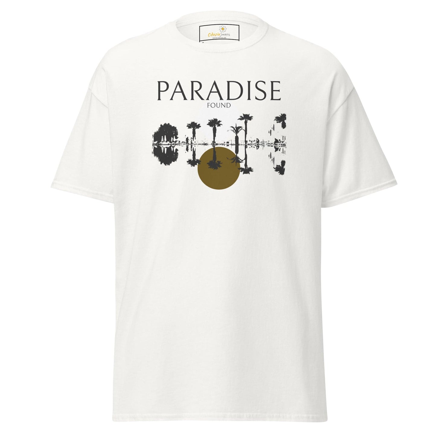 White T-shirt with tropical graphic for men and women available in S to XL sizes