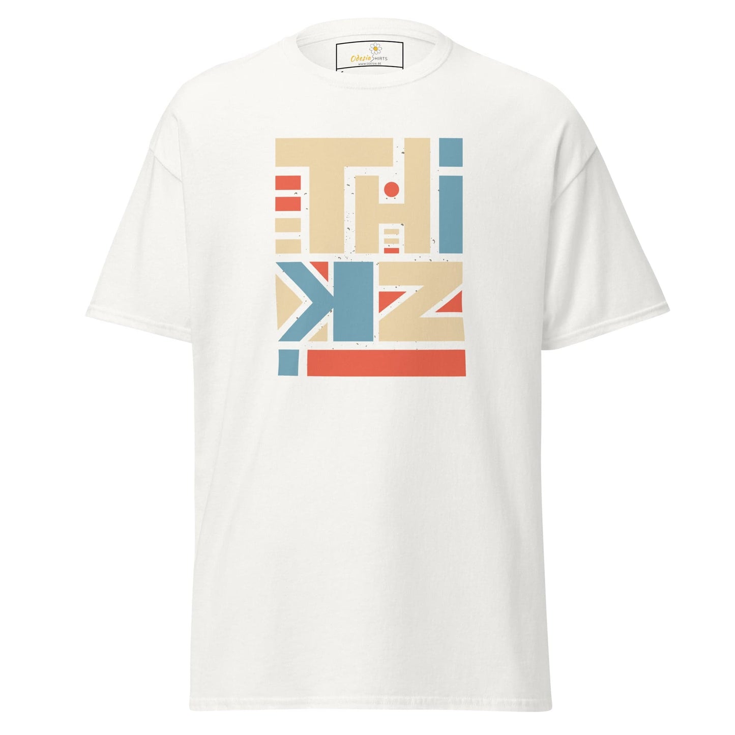 White T-shirt with colorful graphic design for men and women available in sizes S to XL