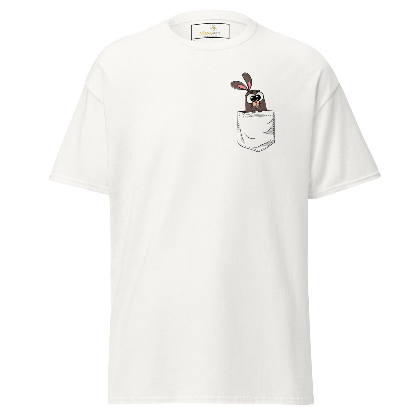 White T-shirt with cartoon bunny in pocket, suitable for Men and Women sizes S to XL