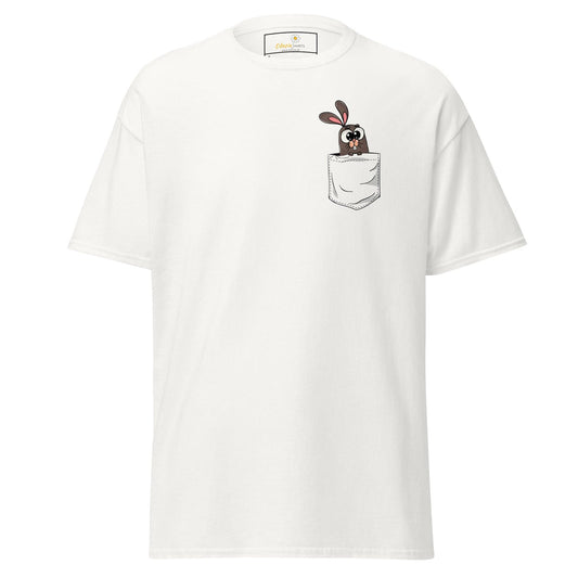 White T-shirt with cartoon bunny in pocket, suitable for Men and Women sizes S to XL