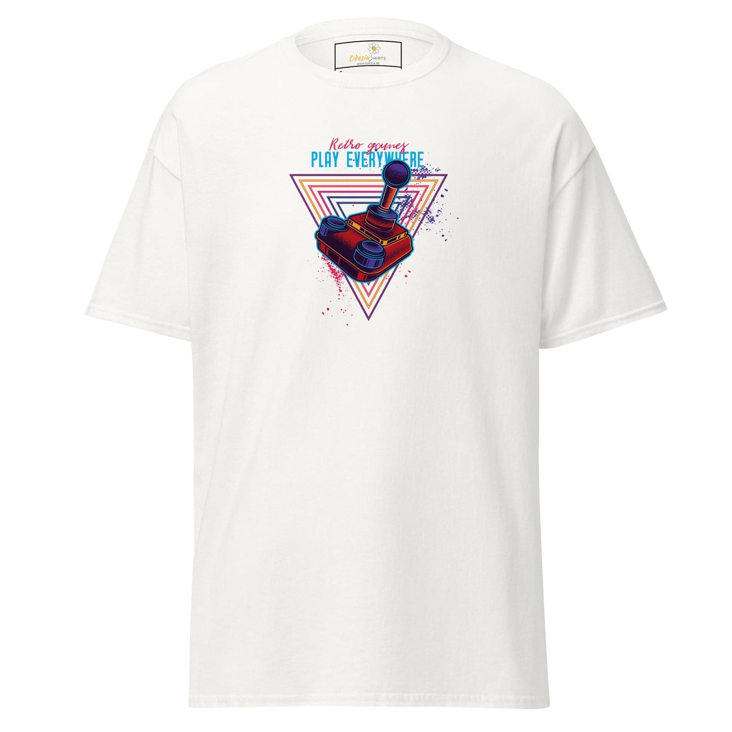 White T-shirt with retro gaming design for Men and Women, available in S to XL sizes