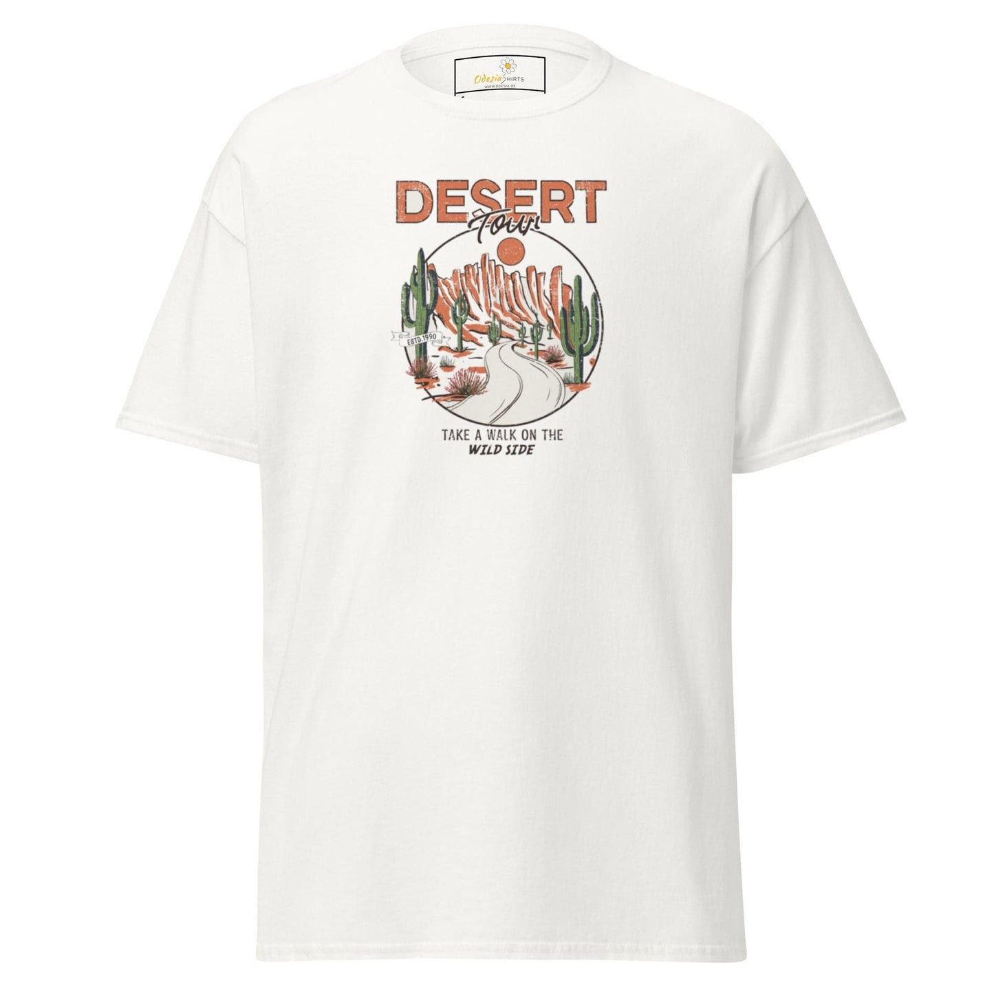 White T-shirt with desert landscape graphic for men and women in sizes S to XL