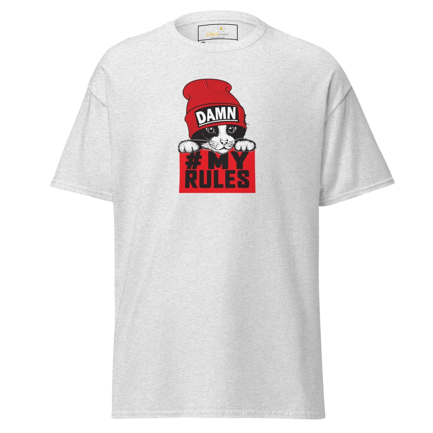 White t-shirt with cat graphic.