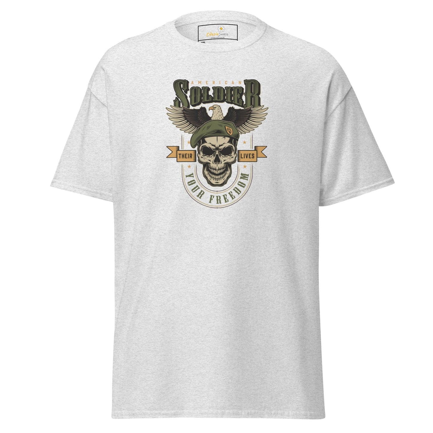 White T-shirt with soldier skull graphic, available in men and women sizes 2XL to 5XL