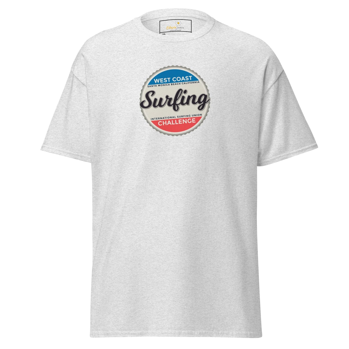 White t-shirt with surfing graphic.