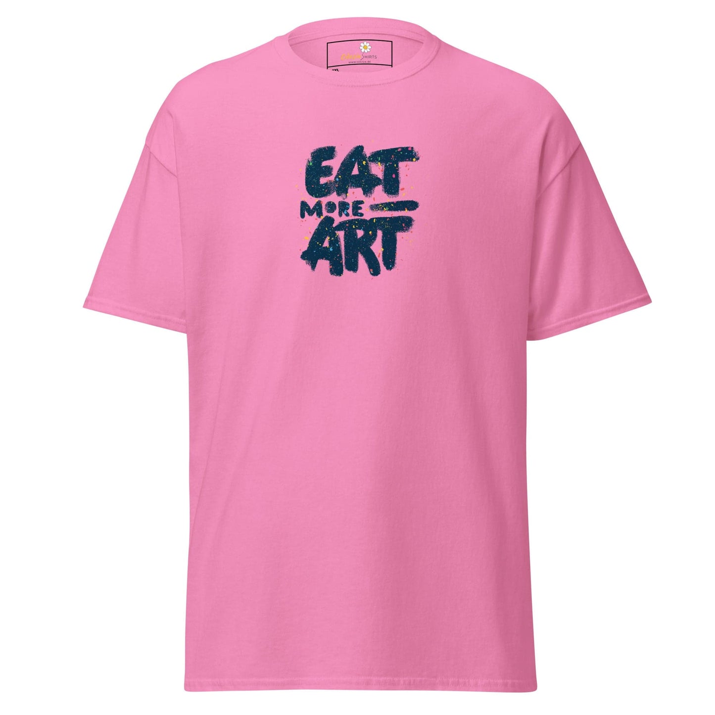 Pink T-shirt with Eat More Art text, available for men and women in 2XL to 5XL sizes