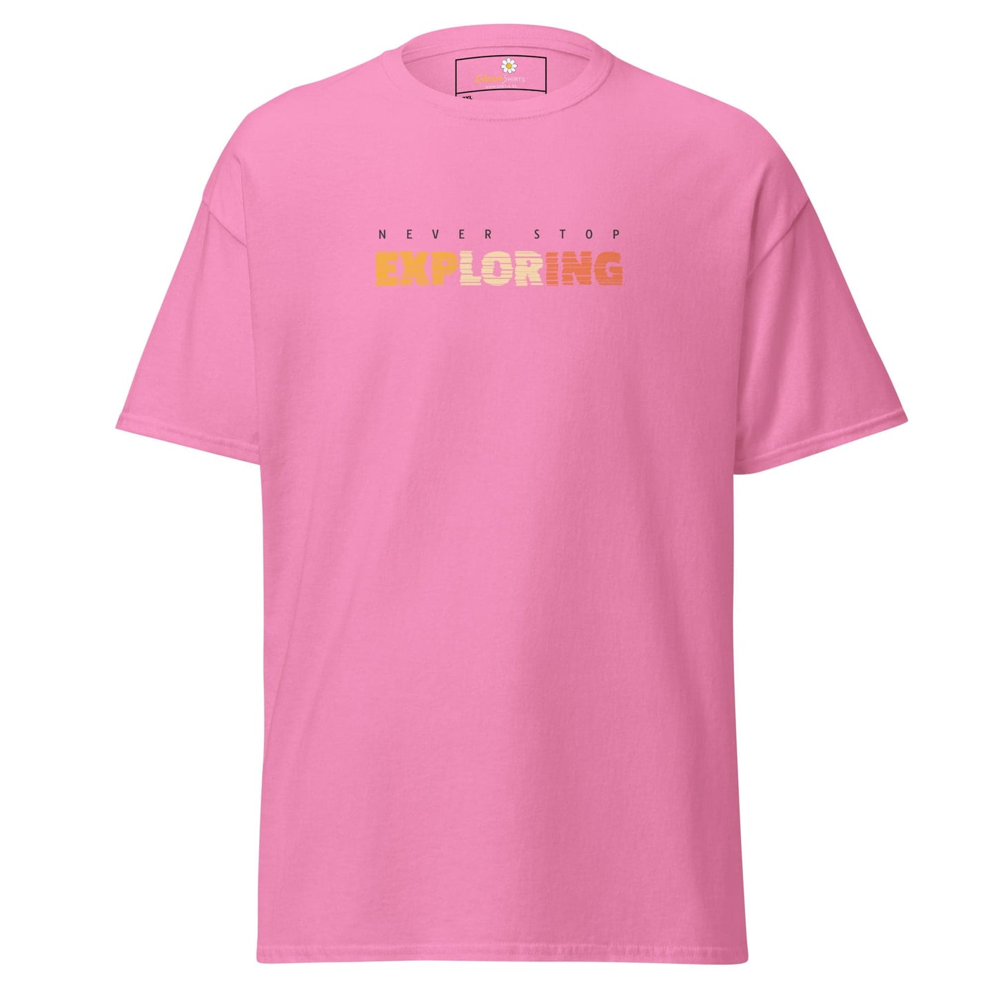Pink T-shirt with Never Stop Exploring text from T-SHIRT DESIGN TEE for Men and Women
