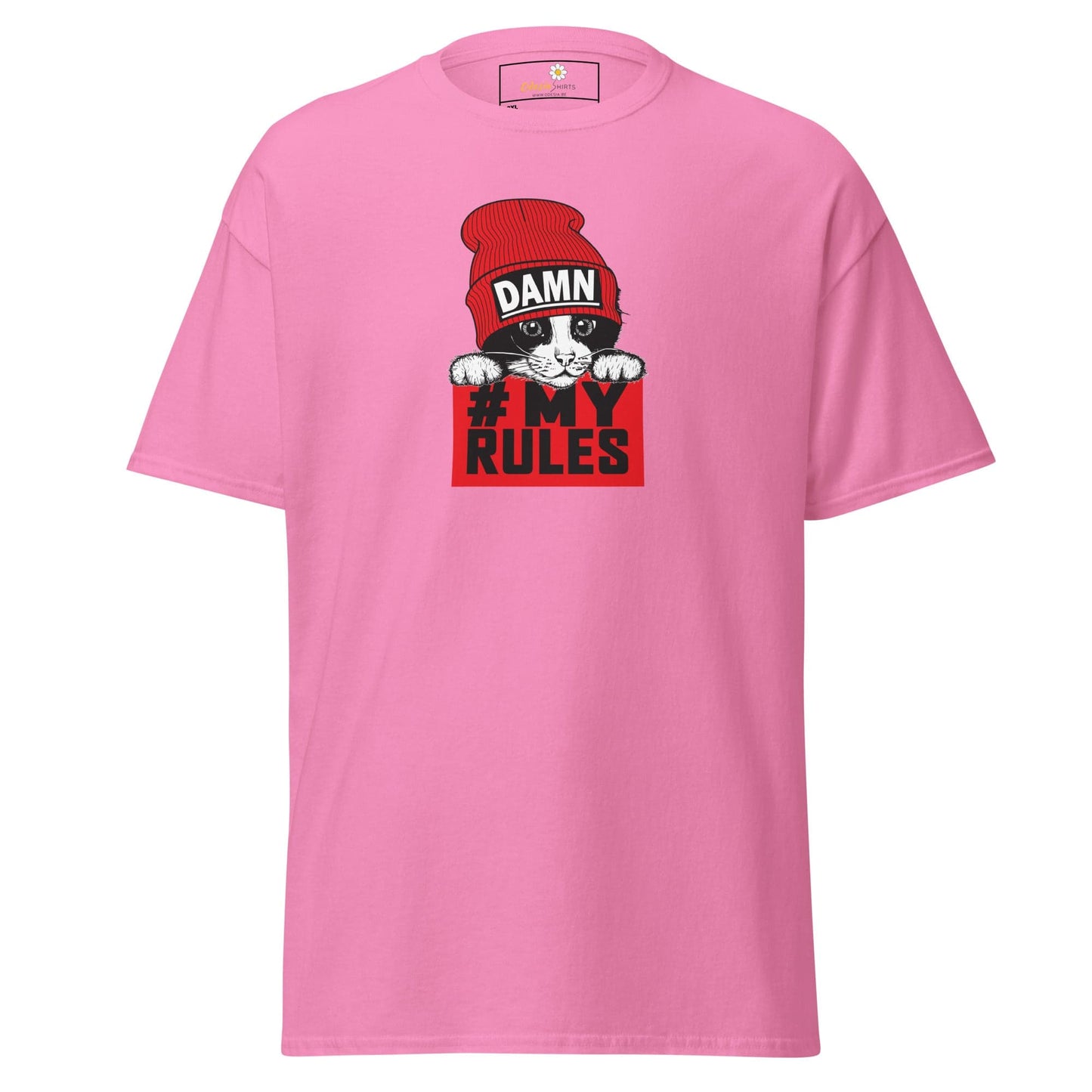 Pink t-shirt with cat graphic.